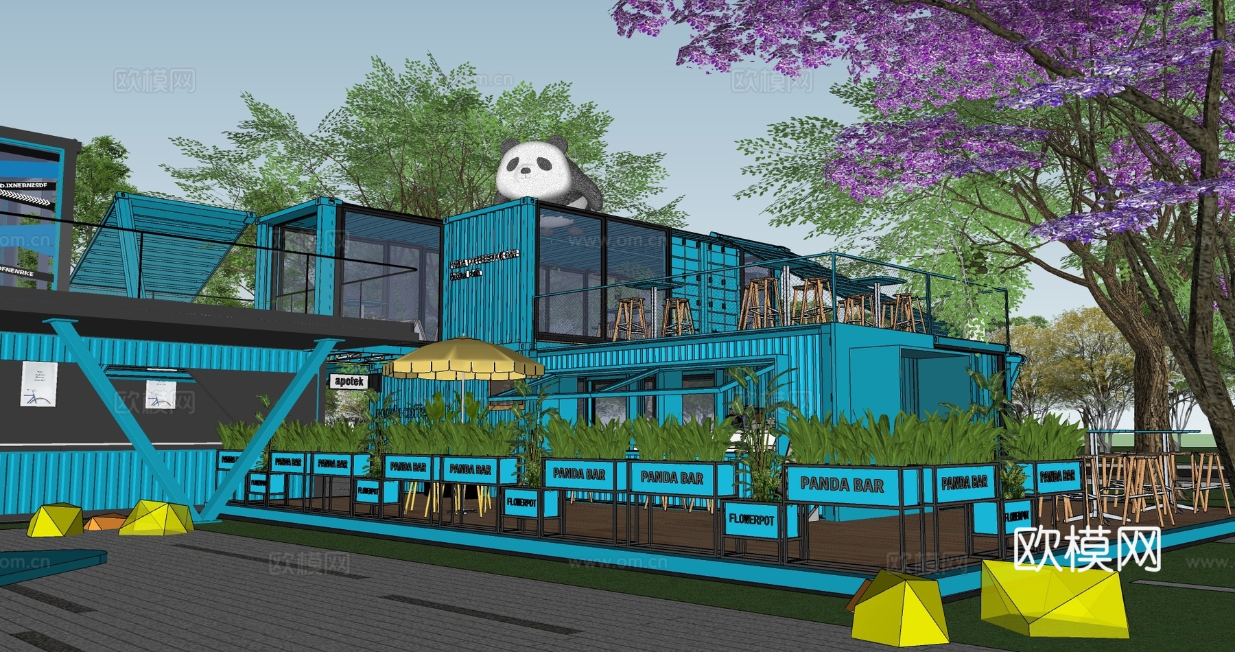 现代熊猫主题工业集装箱咖啡馆书吧茶吧快餐店su模型
