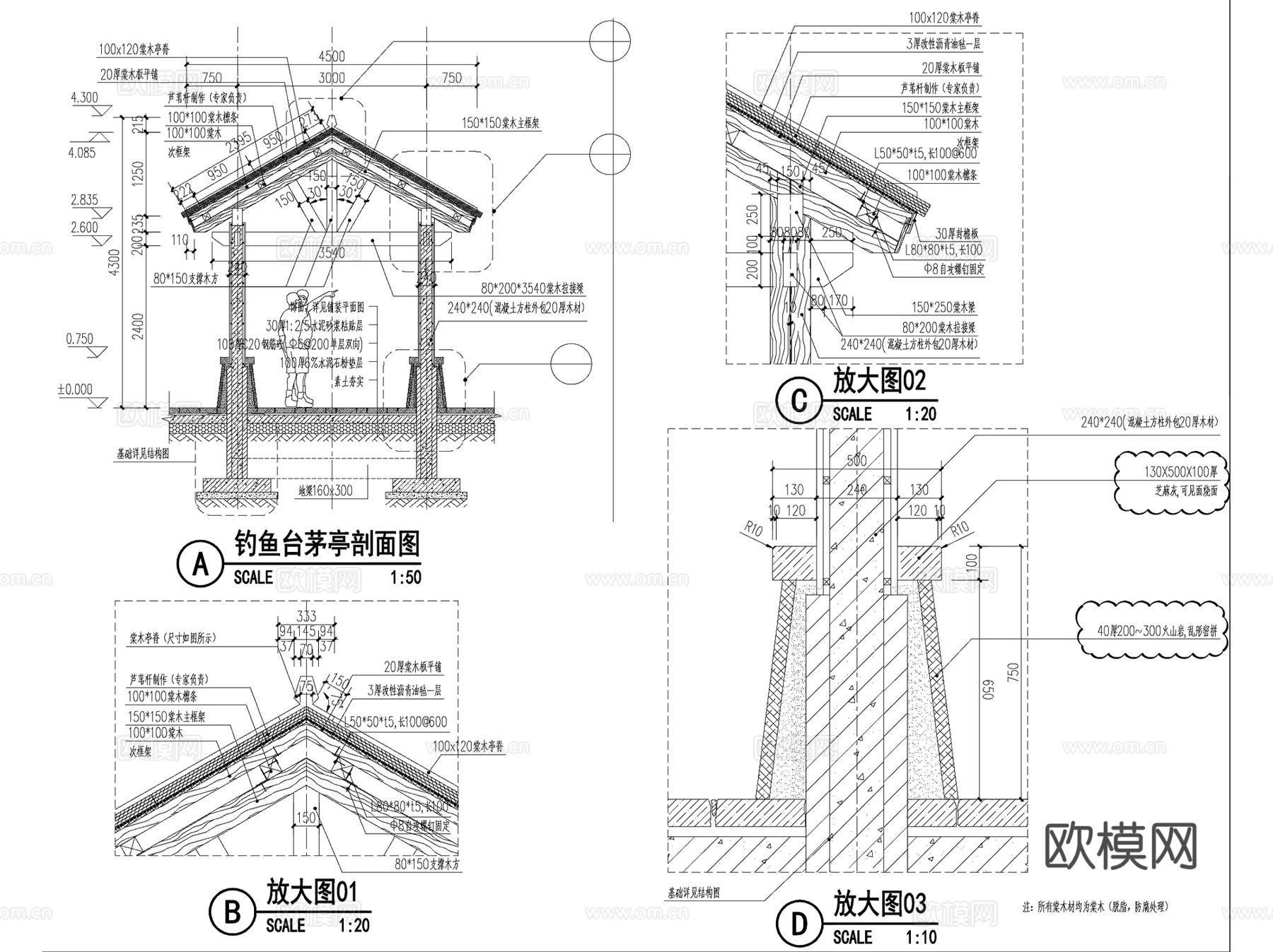 茅草亭茅草屋景观CAD施工图集 8套cad施工图