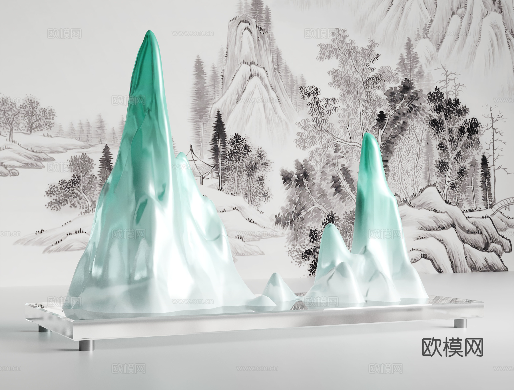 新中式假山摆件 水晶石雕塑 水景石摆件su模型