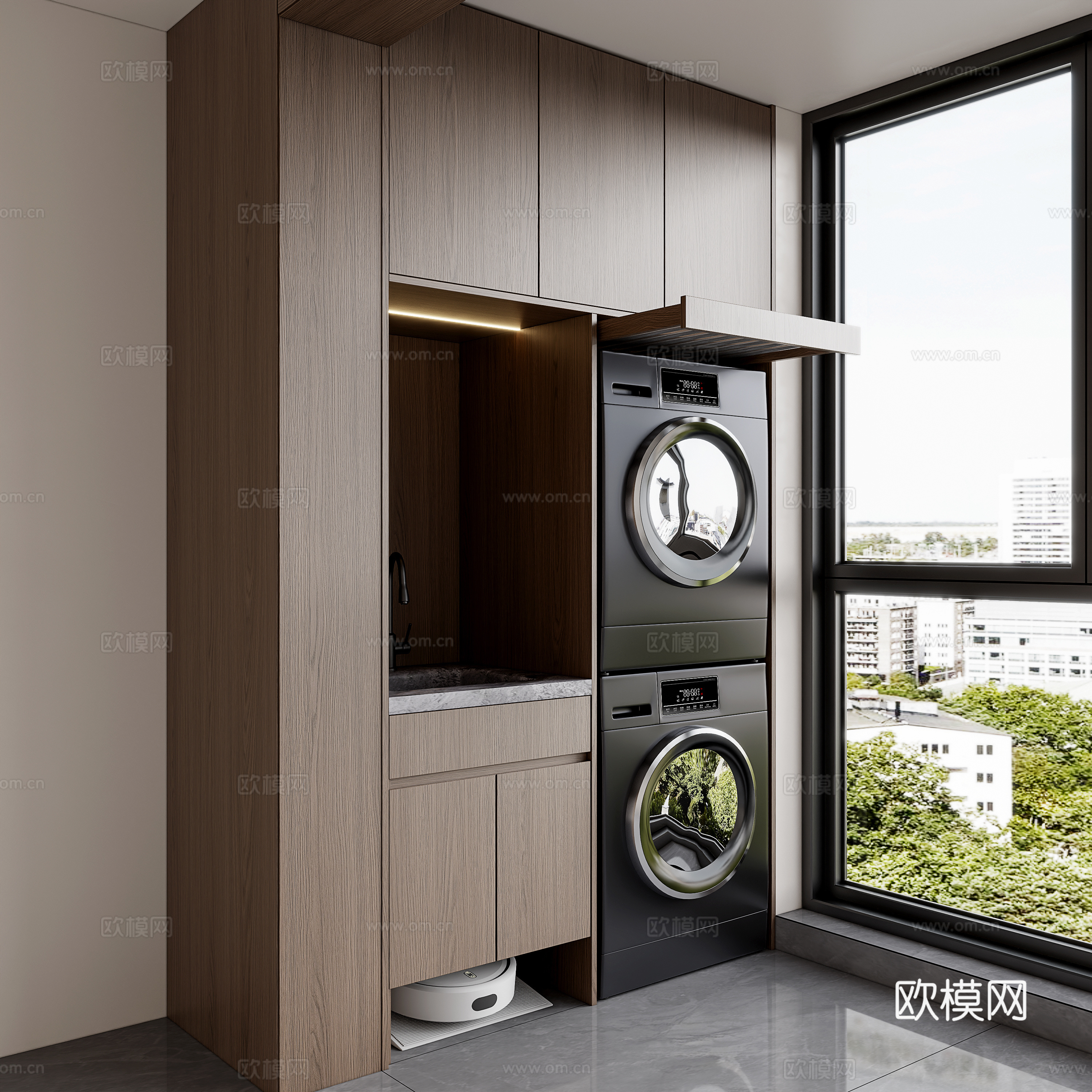 现代意式阳台洗衣机柜 阳台扫地机器人柜 阳台柜洗衣池 家政柜3d模型下载（渲染图2）