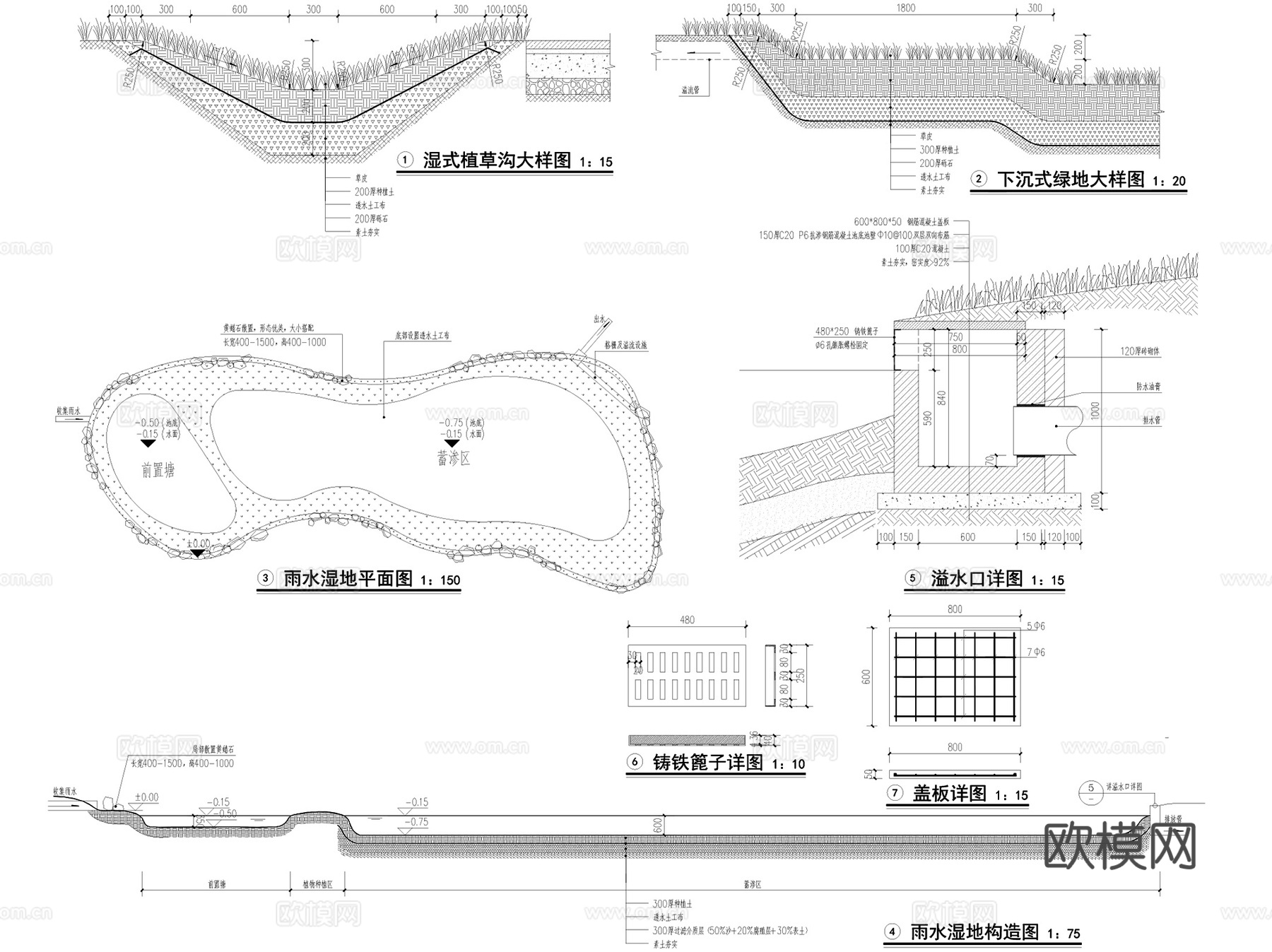 海绵城市生境绿地植草沟透水铺装 全套CAD施工图集cad施工图