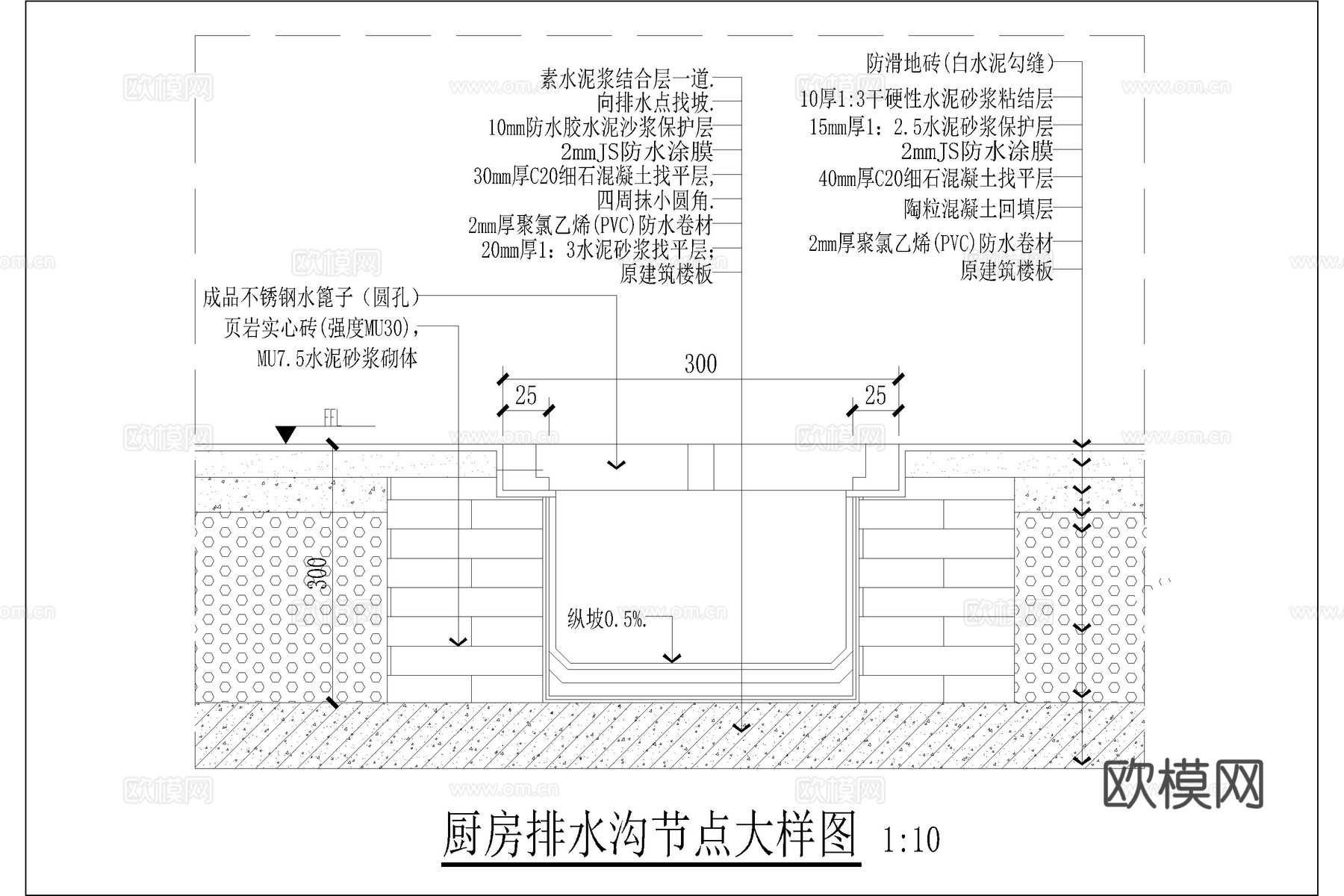厨房排水沟 后厨排水沟 厨房排水地沟 餐饮店厨房排水沟cad施工图