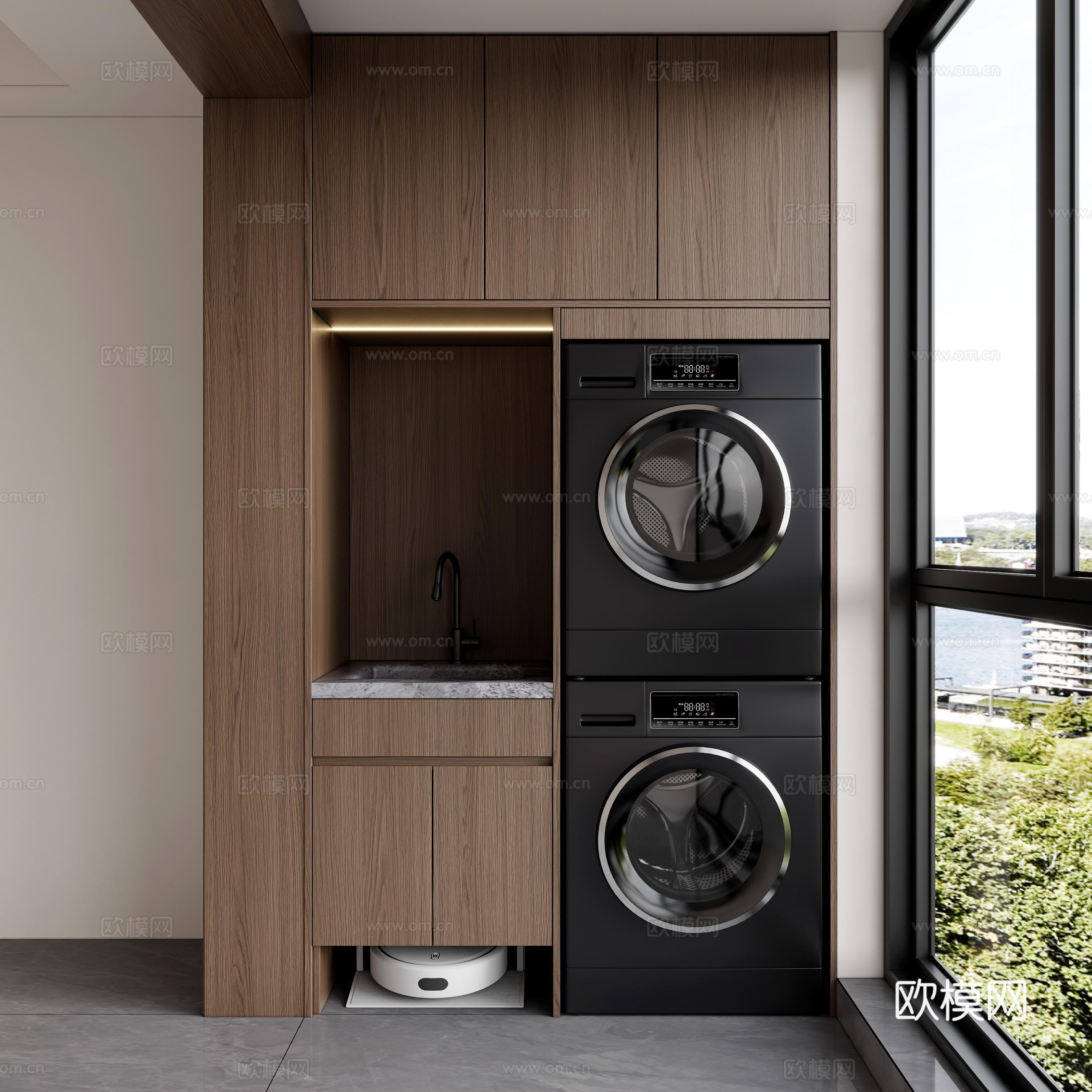 现代意式阳台洗衣机柜 阳台扫地机器人柜 阳台柜洗衣池 家政柜3d模型下载（渲染图1）