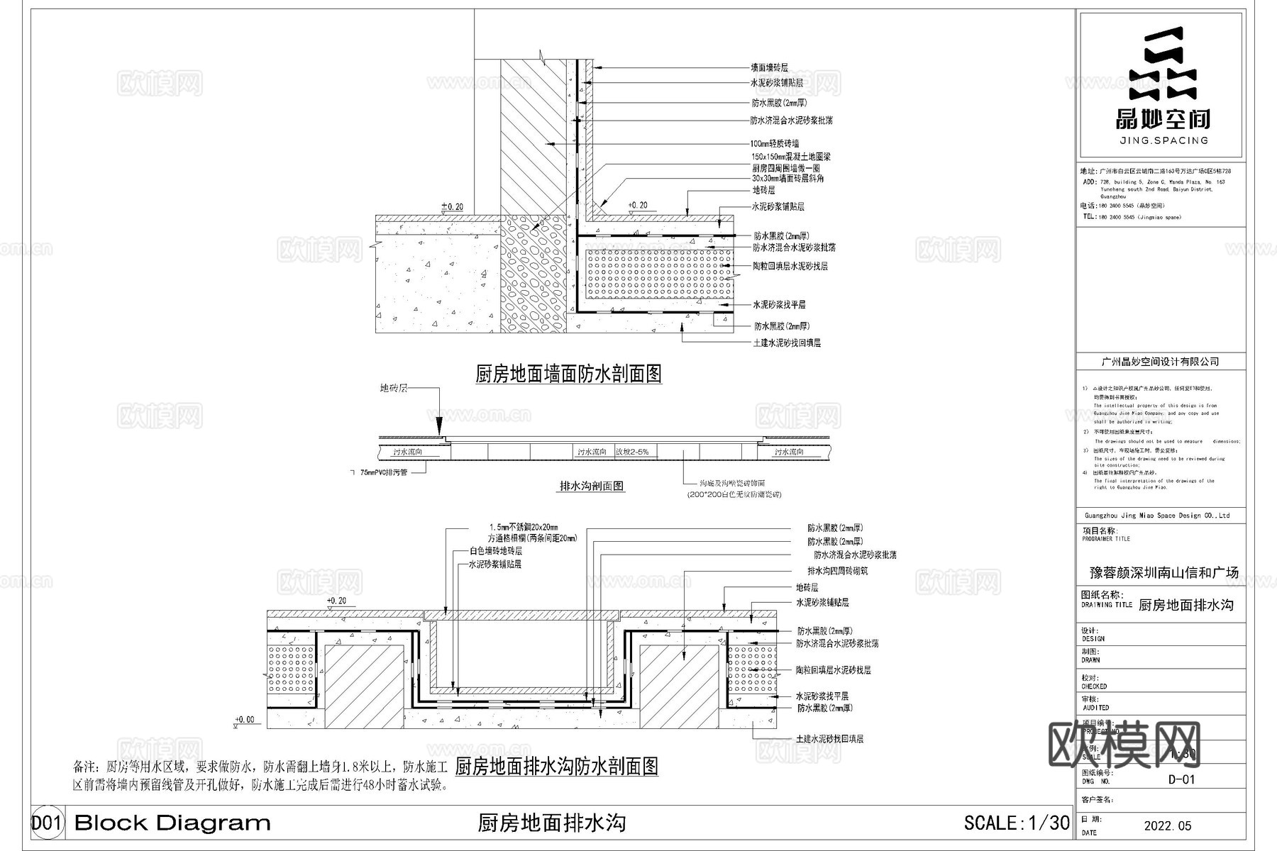 厨房排水沟 后厨排水沟 厨房排水地沟 餐饮店厨房排水沟cad施工图