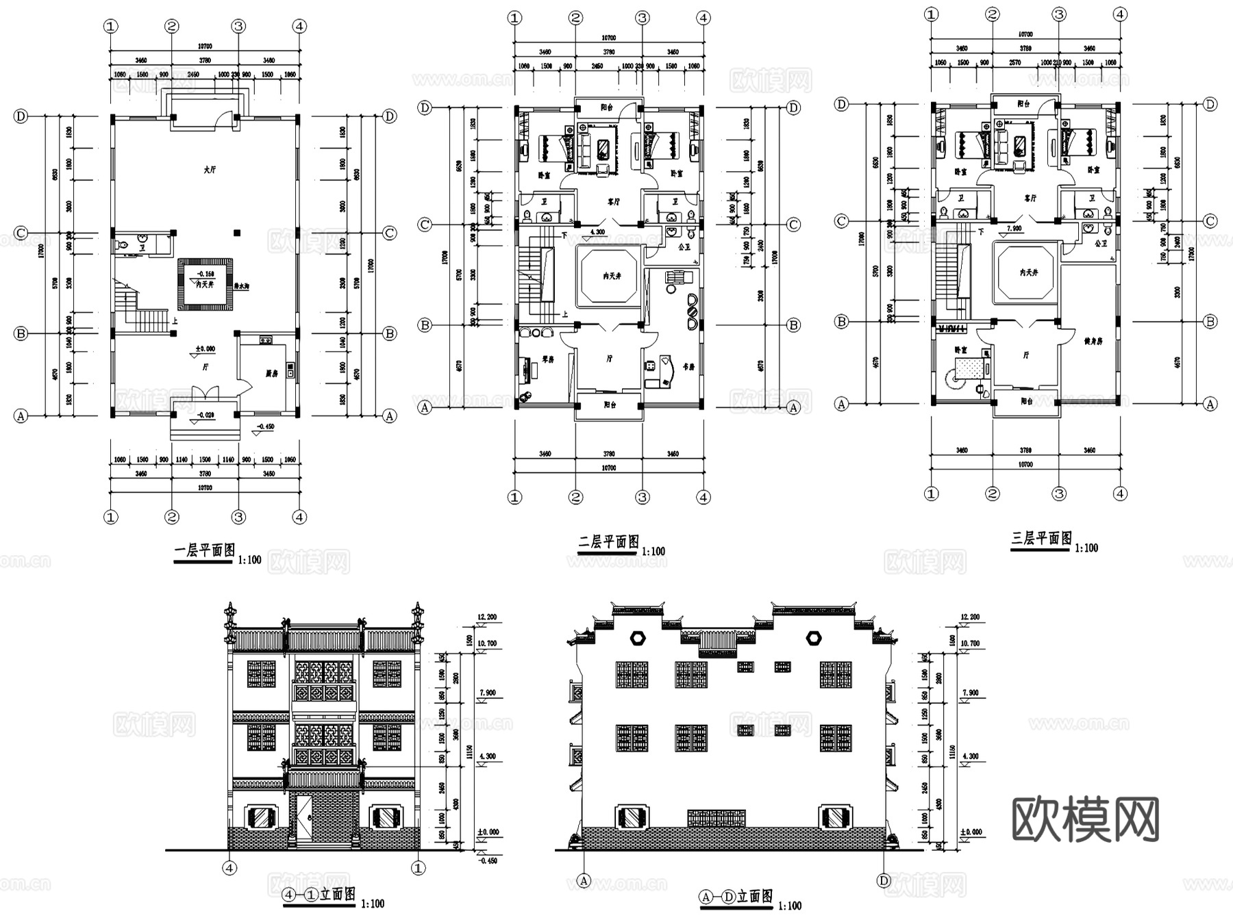 徽派风格马头墙民居建筑CAD施工图集 10套cad施工图