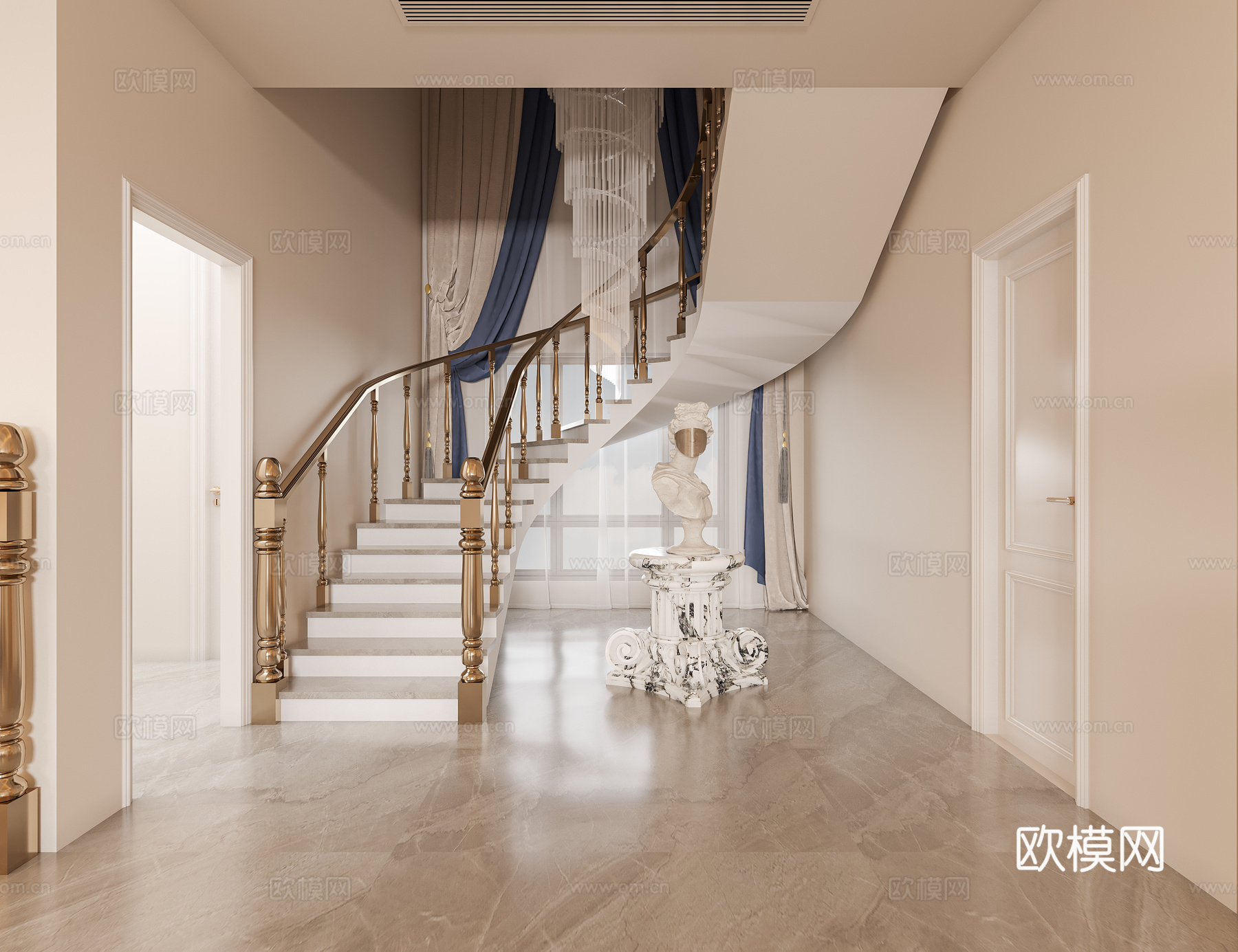 法式轻奢别墅楼梯3d模型下载