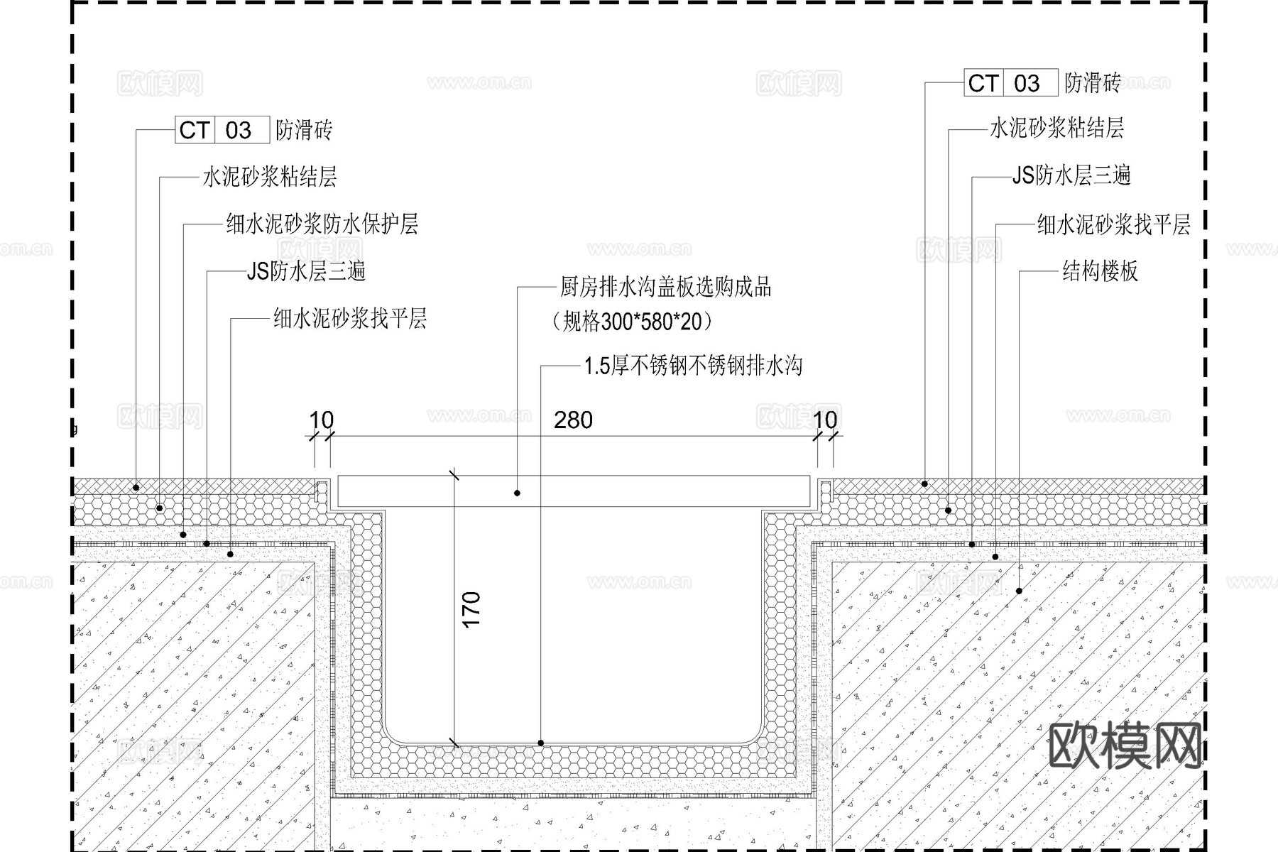 厨房排水沟 后厨排水沟 厨房排水地沟 餐饮店厨房排水沟cad施工图