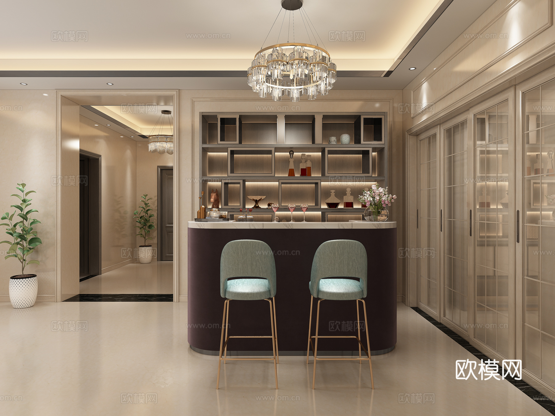现代定制酒柜 吧台 吊灯 移门 酒水 摆件3d模型下载