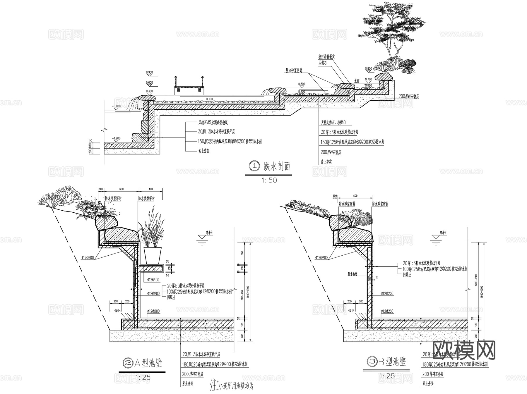 景观叠水跌水瀑布水景墙水帘做法CAD施工图详图集 50套cad施工图