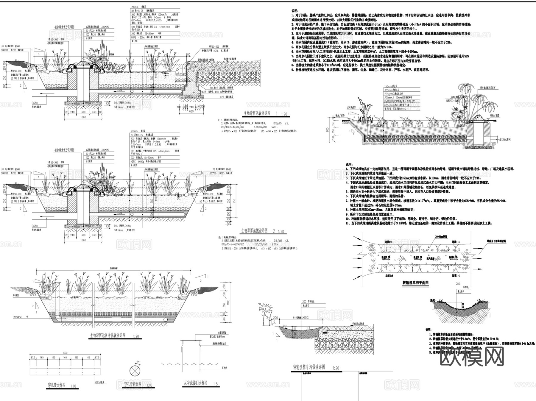 海绵城市生境绿地植草沟透水铺装 全套CAD施工图集cad施工图