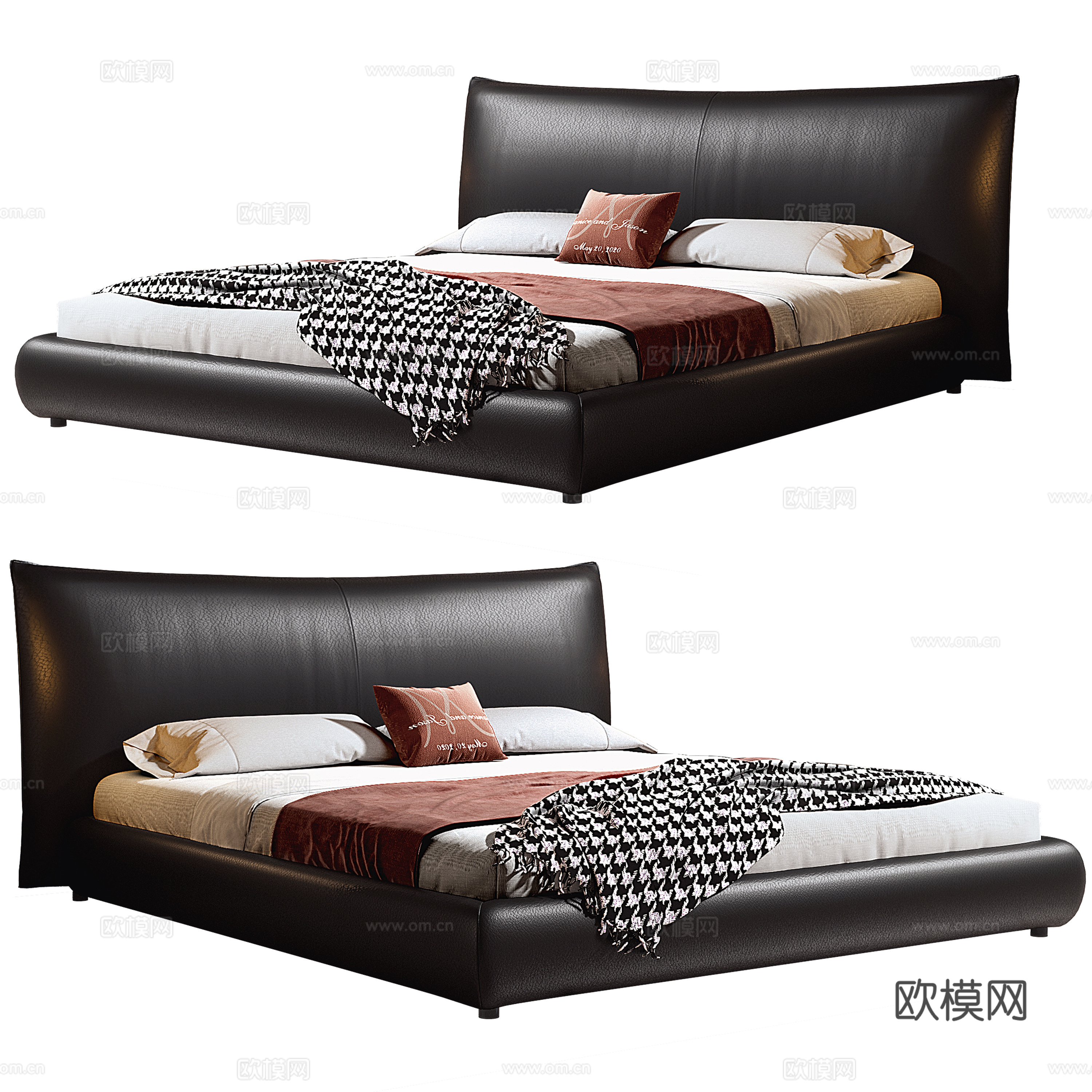 现代床 意式极简床 双人床 香奈儿床 落地床 真皮床 黑色床3d模型下载
