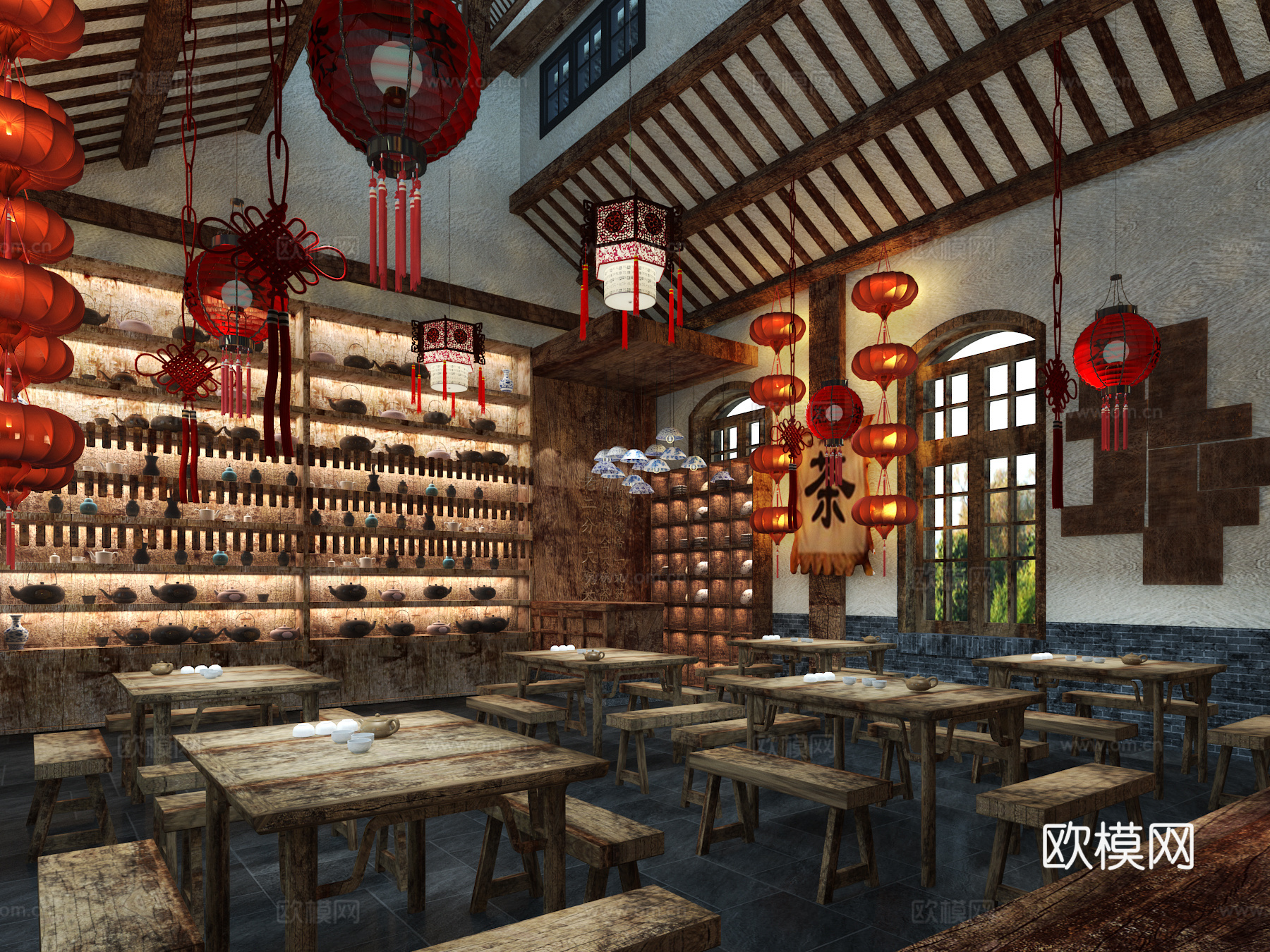 中式大碗茶 中式茶馆3d模型下载（渲染图1）