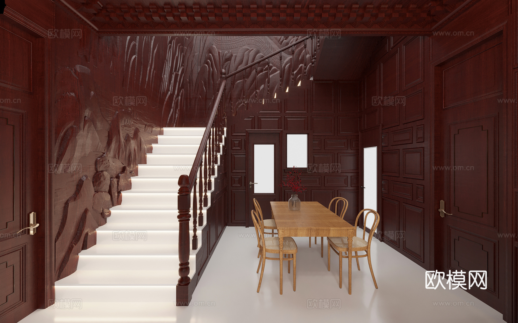 藏式 新中式 客餐厅 雕刻 壁画 楼梯扶手 造型su模型