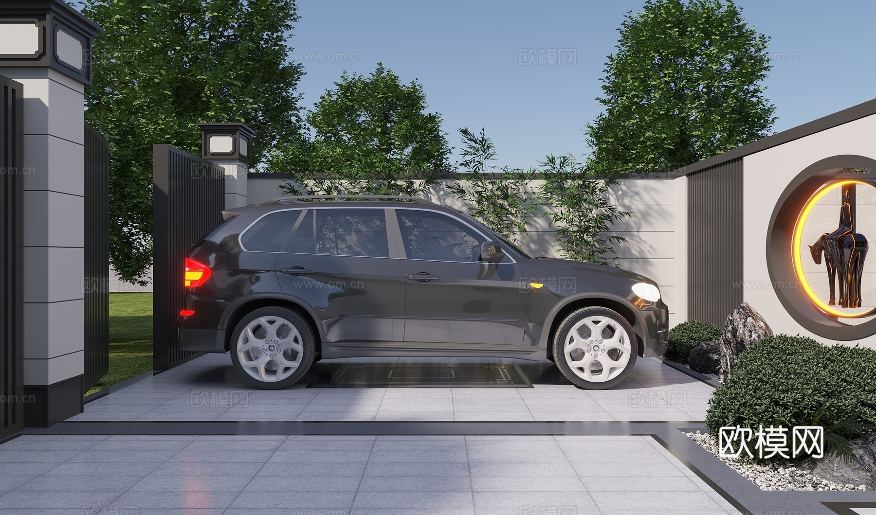 新中式庭院景观 围墙景墙 庭院入户门 庭院停车场 汽车库组合3d模型下载