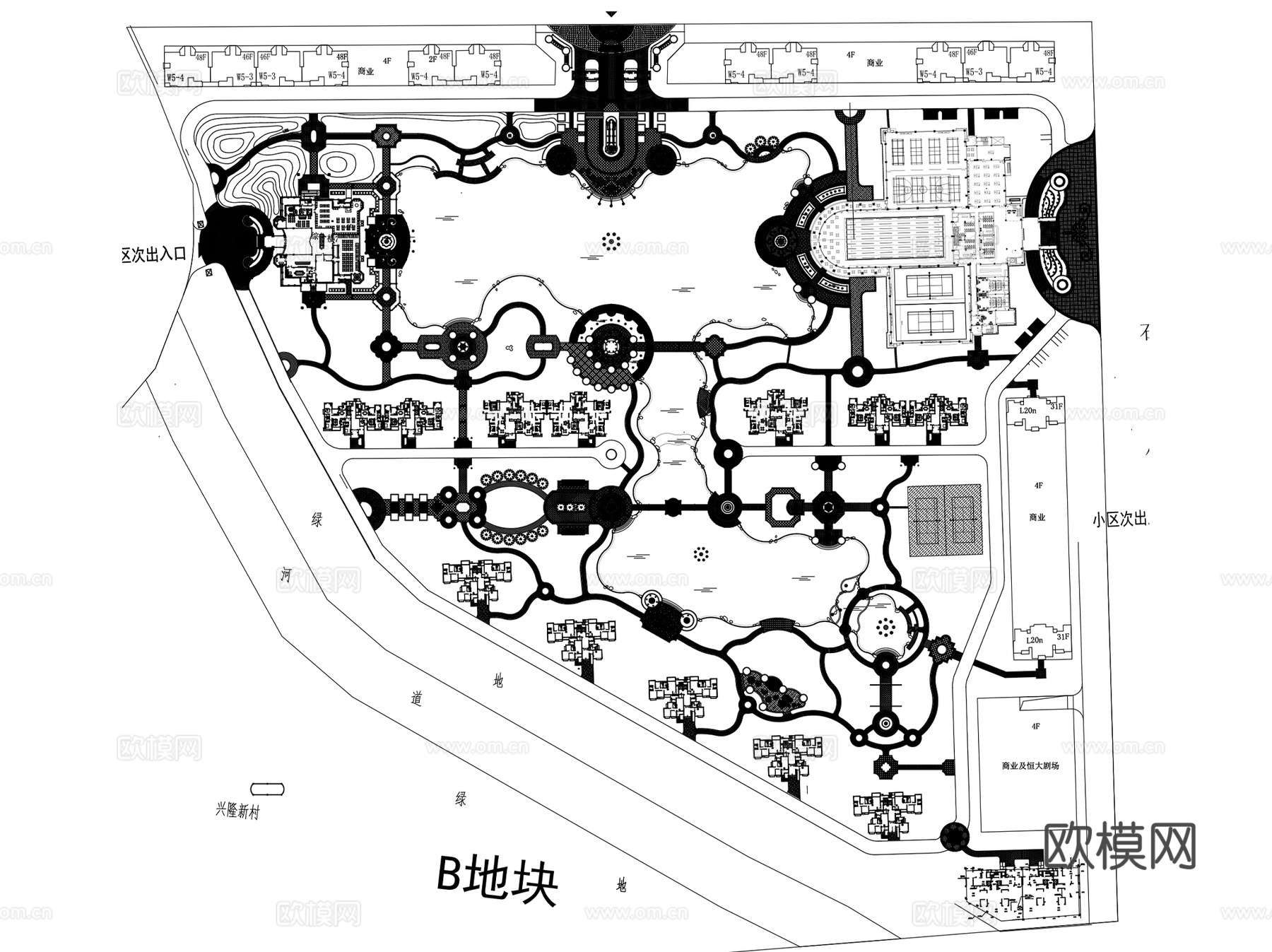 恒大欧式居住区景观规划设计CAD施工总图 22套cad施工图