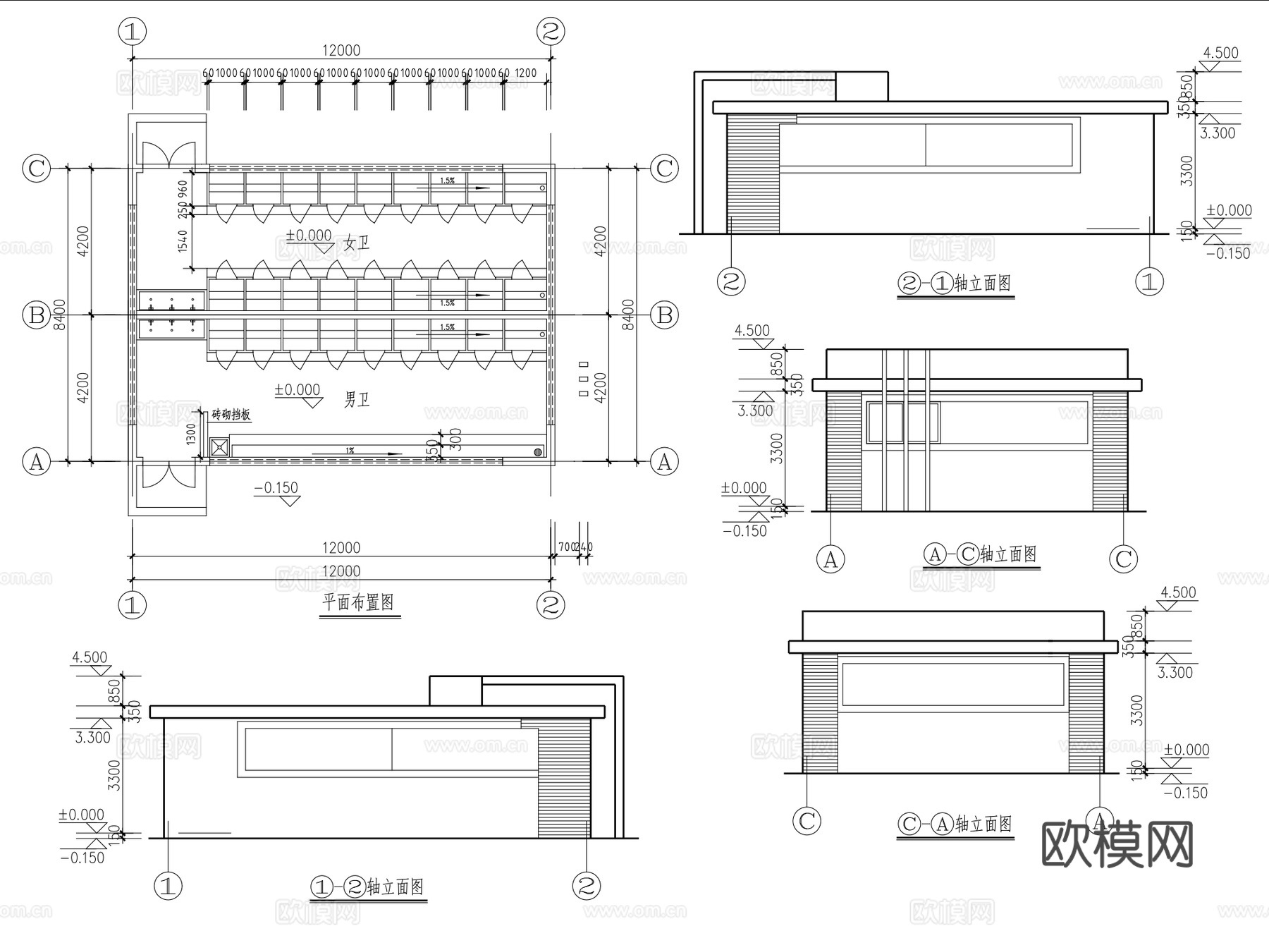 公共厕所卫生间垃圾站建筑室内CAD施工图集120套cad施工图