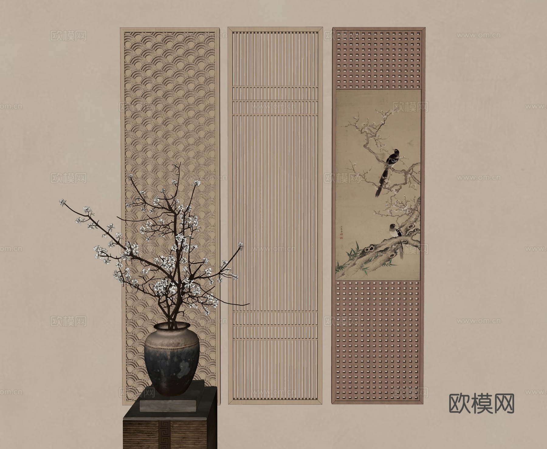 新中式装饰挂画 花瓶花艺su模型