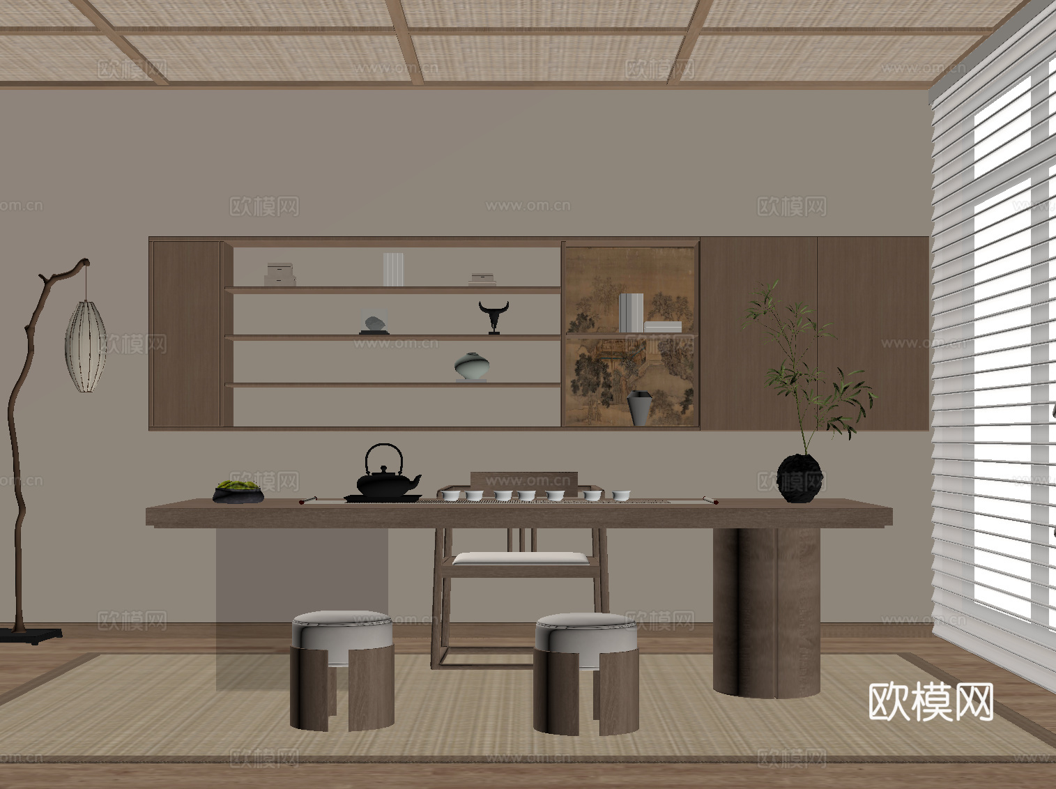 新中式茶室 茶叶柜 茶桌椅su模型
