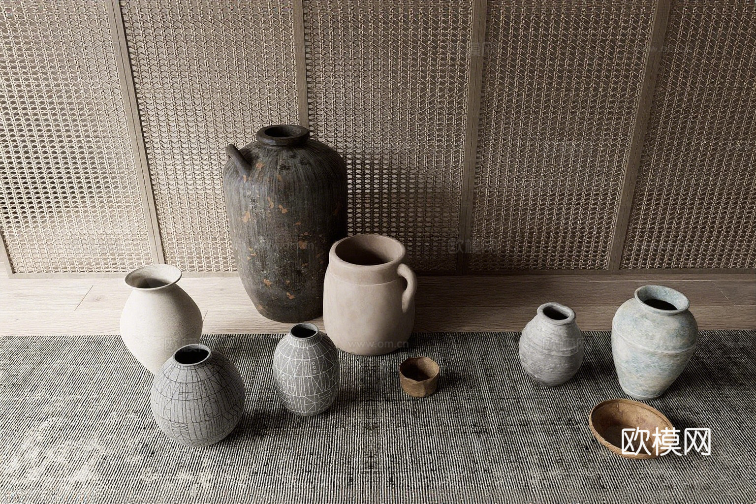 诧祭风陶制花瓶容器 陶艺家居摆设 编织屏风su模型