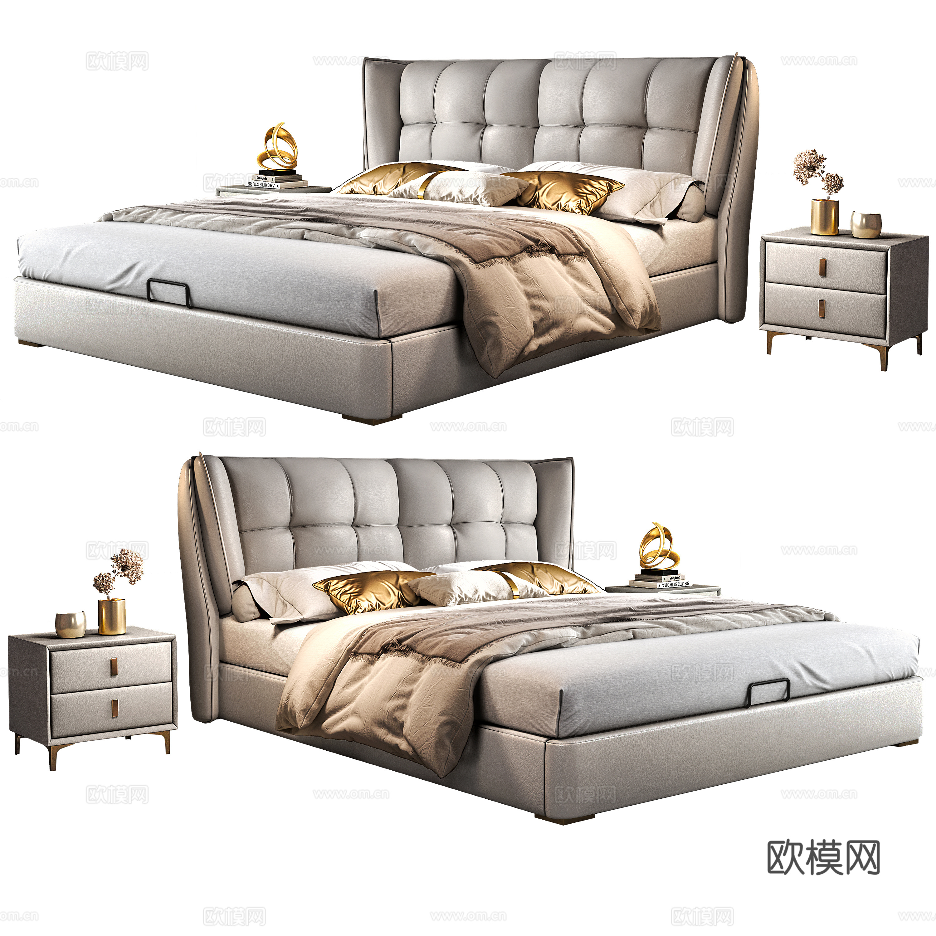 现代床 意式极简床 双人床 象耳朵床 落地床 真皮床 白色床3d模型下载