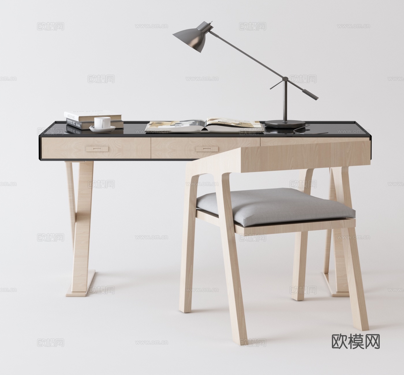 北欧书桌椅 台灯 实木书桌椅3d模型