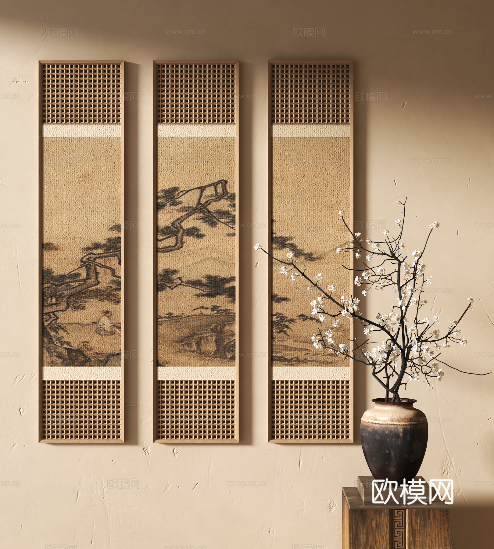 中式装饰挂画 花瓶花艺su模型