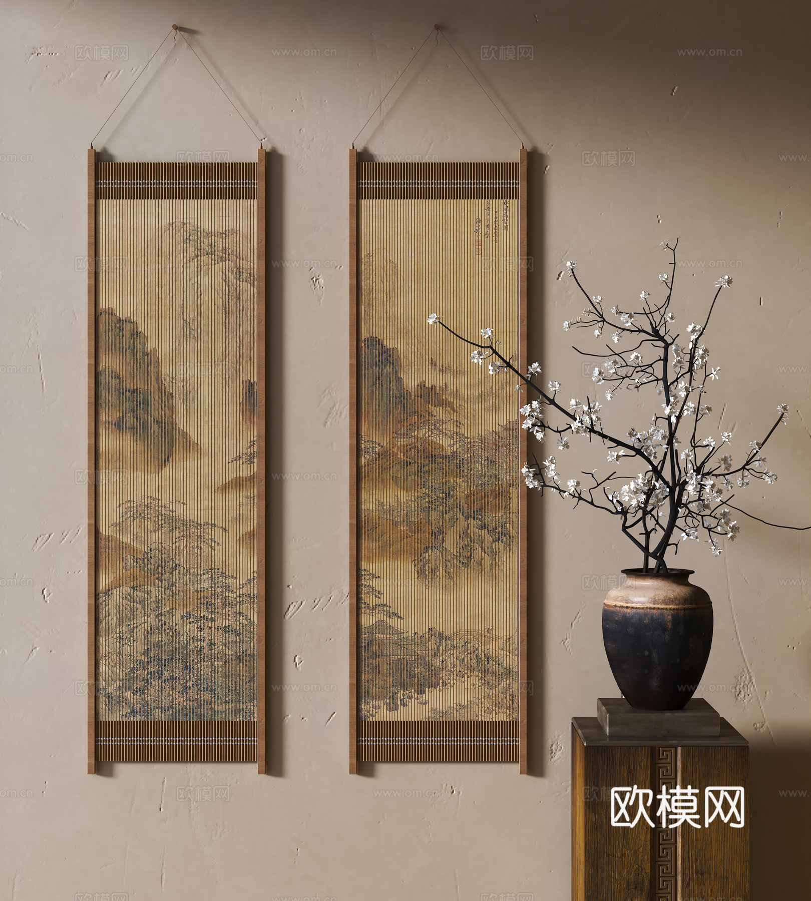 中式装饰挂画 花瓶花艺su模型