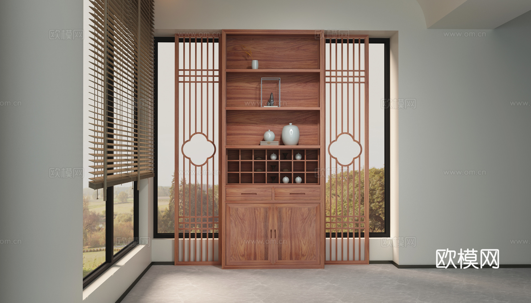 新中式定制茶叶柜3d模型下载（渲染图1）