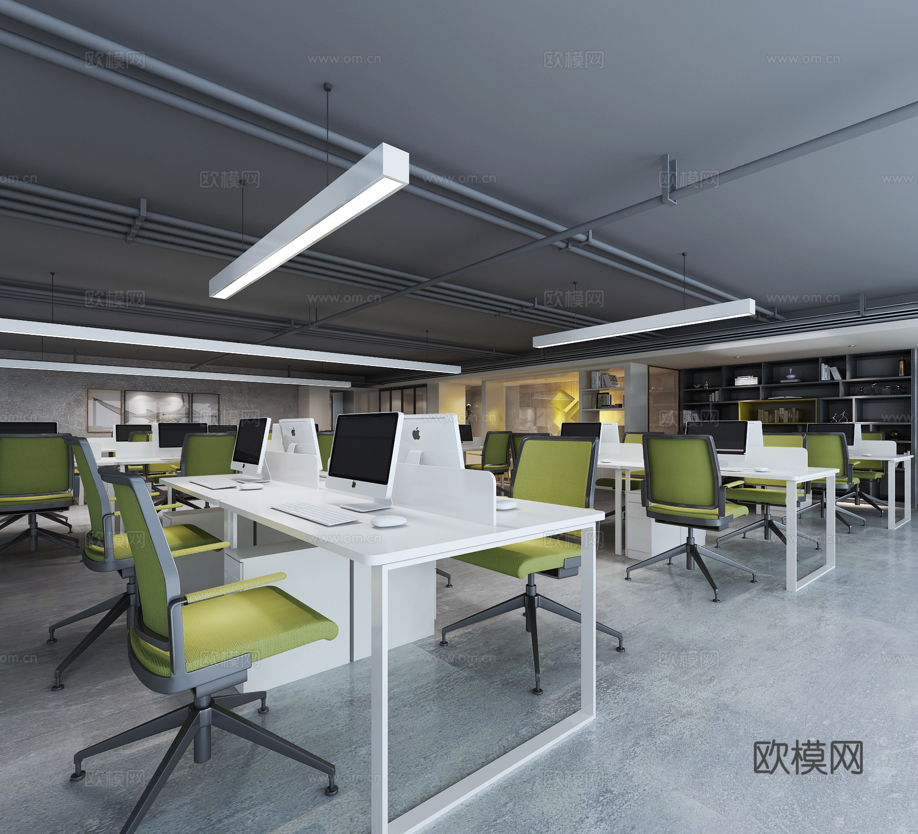 现代办公大厅 办公室 书架 办公桌椅 吊灯3d模型下载