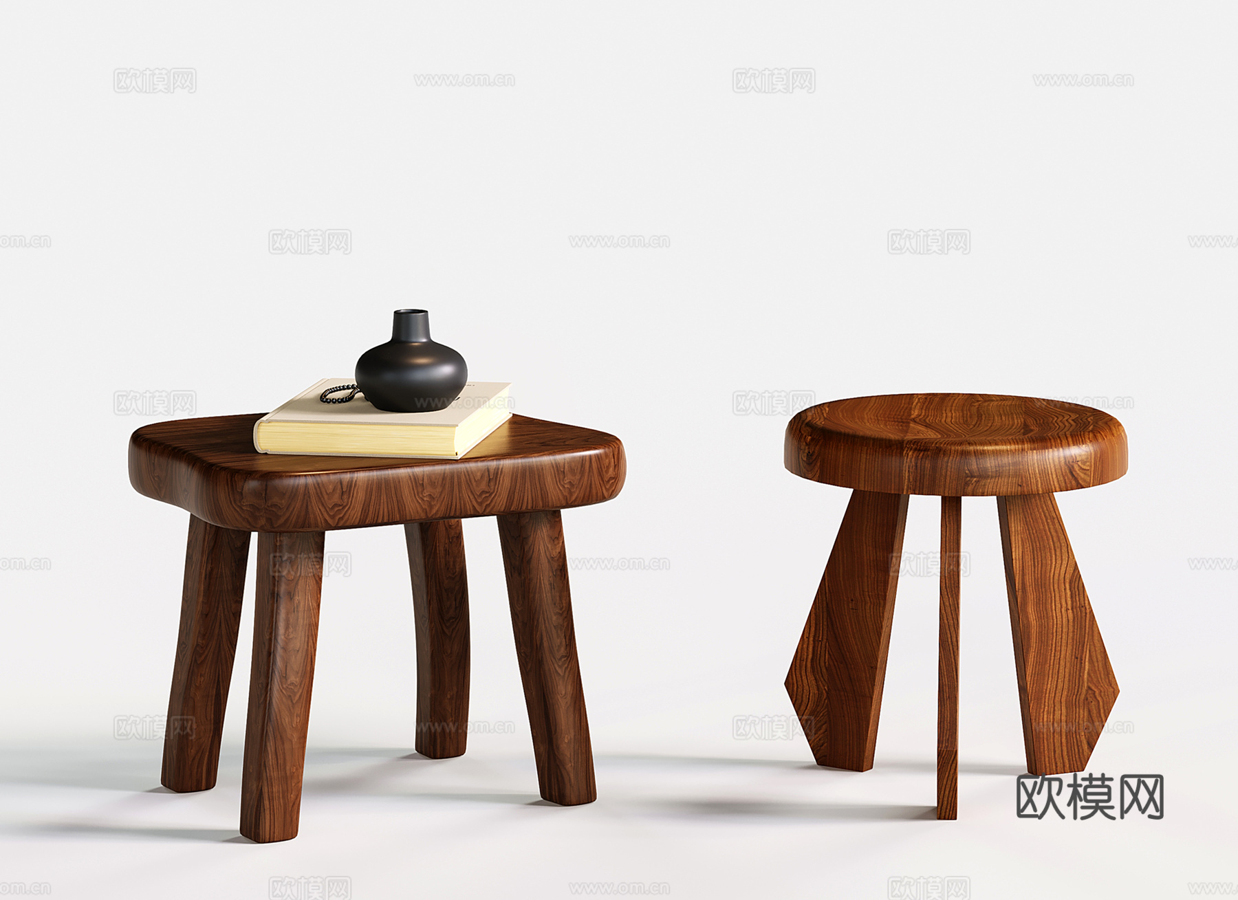 现代凳子 中古木凳子 矮凳 圆凳 方凳su模型