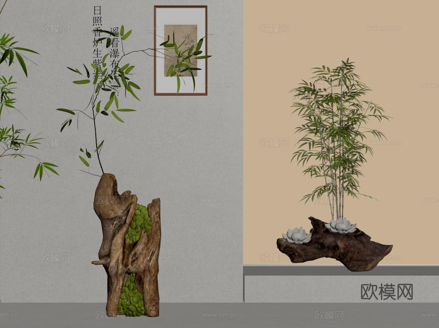 新中式竹子 盆栽 盆景su模型