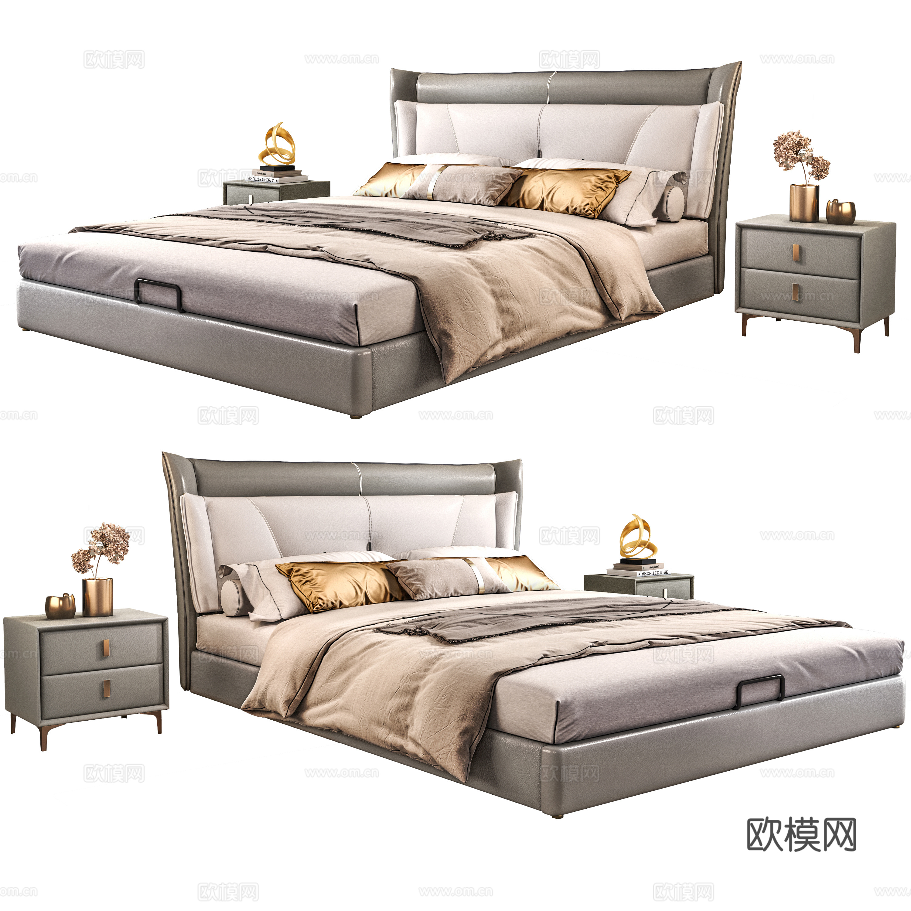 现代床 意式极简床 双人床 轻奢床 落地床 皮革床 轻奢床3d模型下载