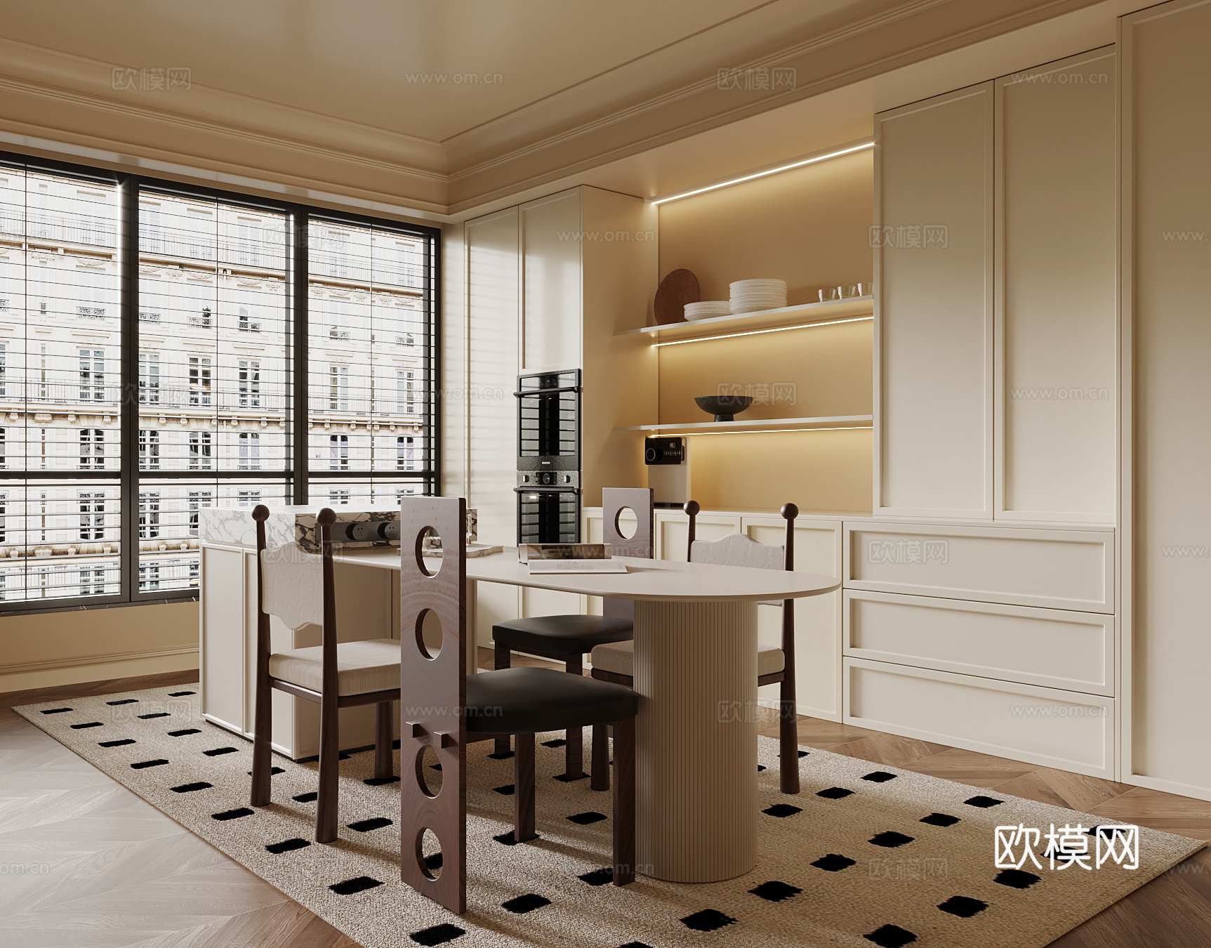 中古风餐厅 餐桌椅 餐边柜 酒柜3d模型下载