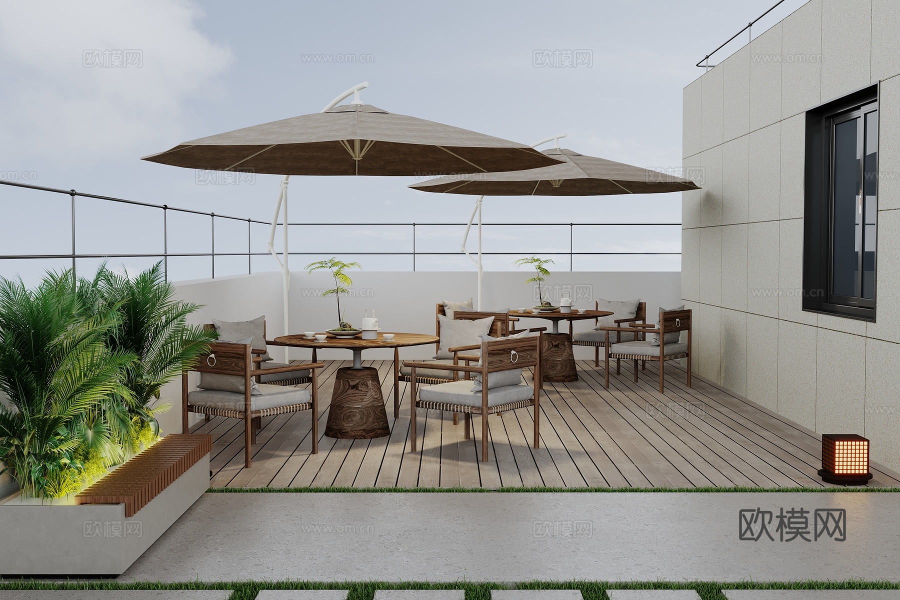 现代屋顶花园 餐饮外摆 一桌四椅 柚木餐桌椅 柚木长凳 遮阳3d模型