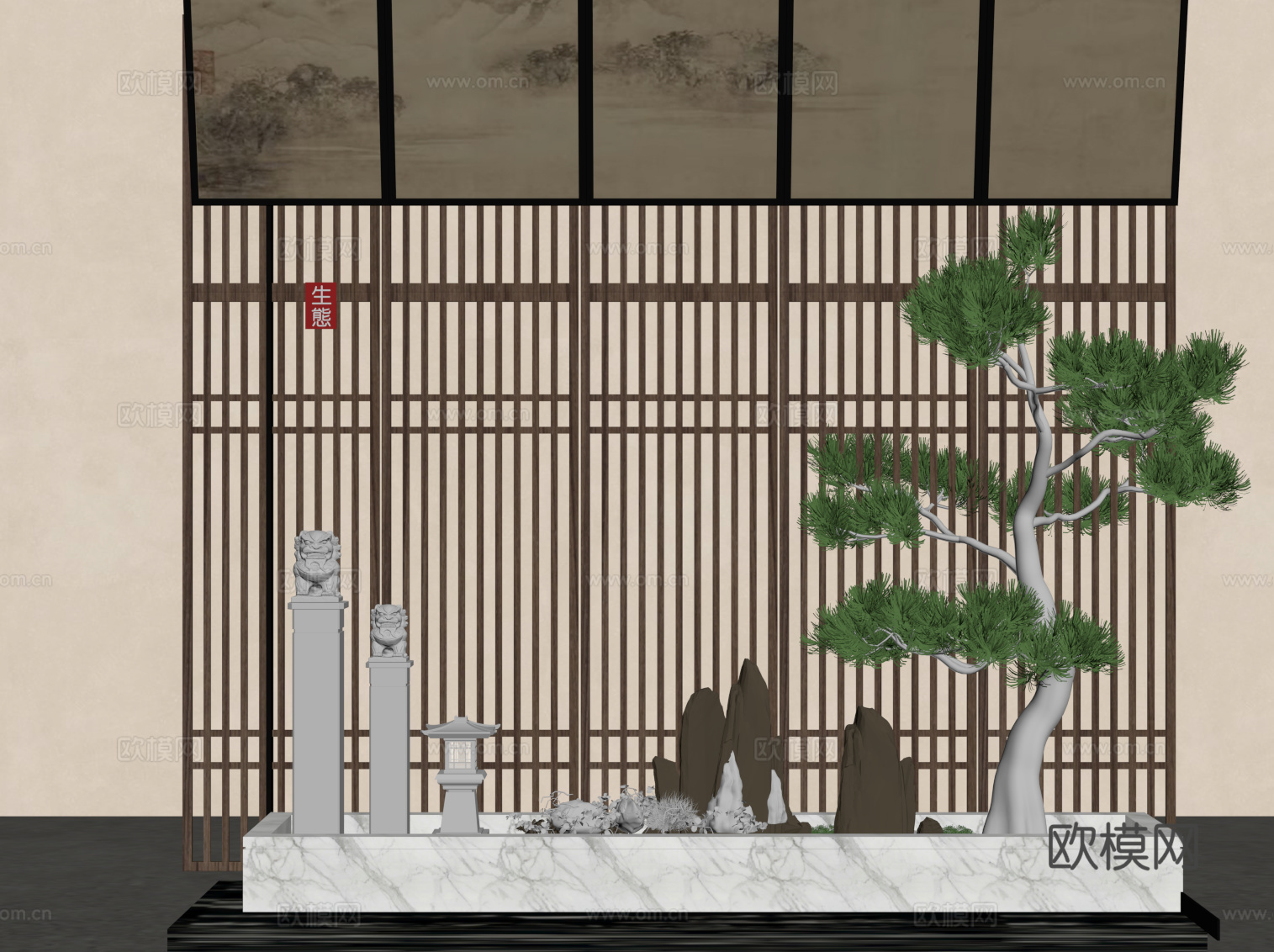 新中式小景观 花格隔断su模型