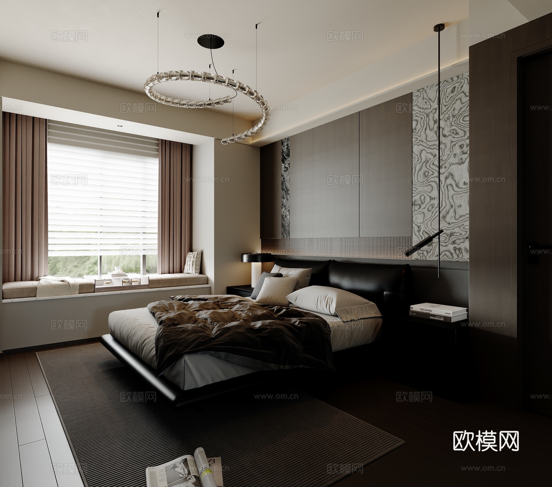 现代风格意式深色调双人床3d模型