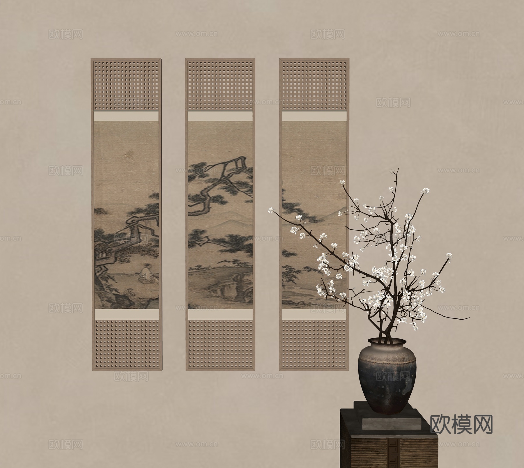 中式装饰挂画 花瓶花艺su模型