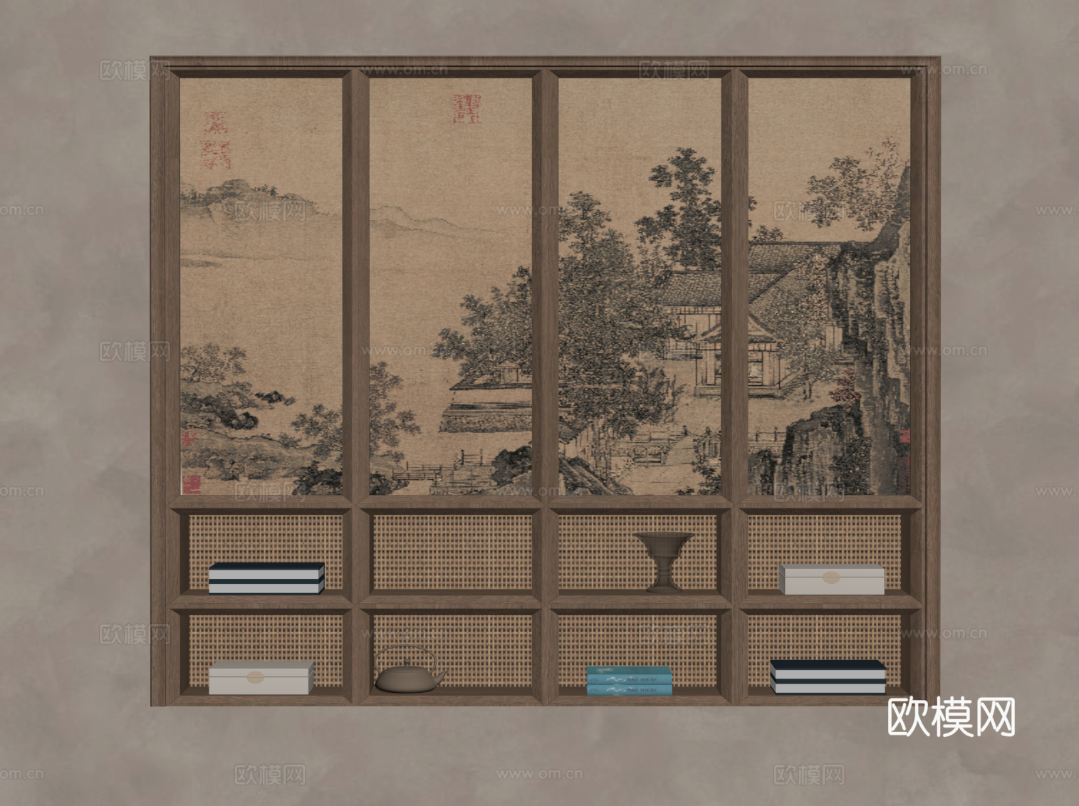 新中式茶柜 置物架su模型