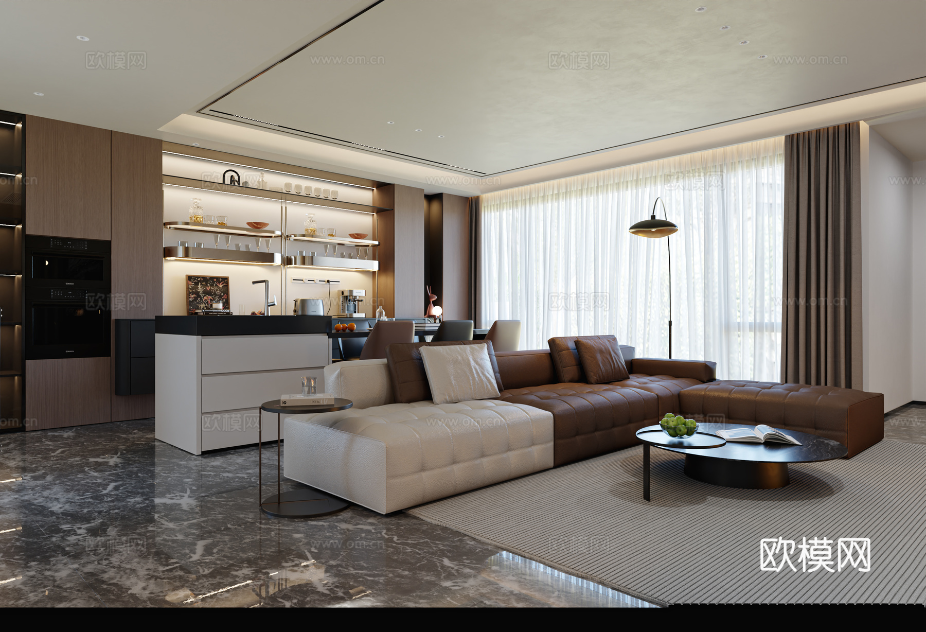 现代轻奢意式风格客餐厅3d模型下载（渲染图1）