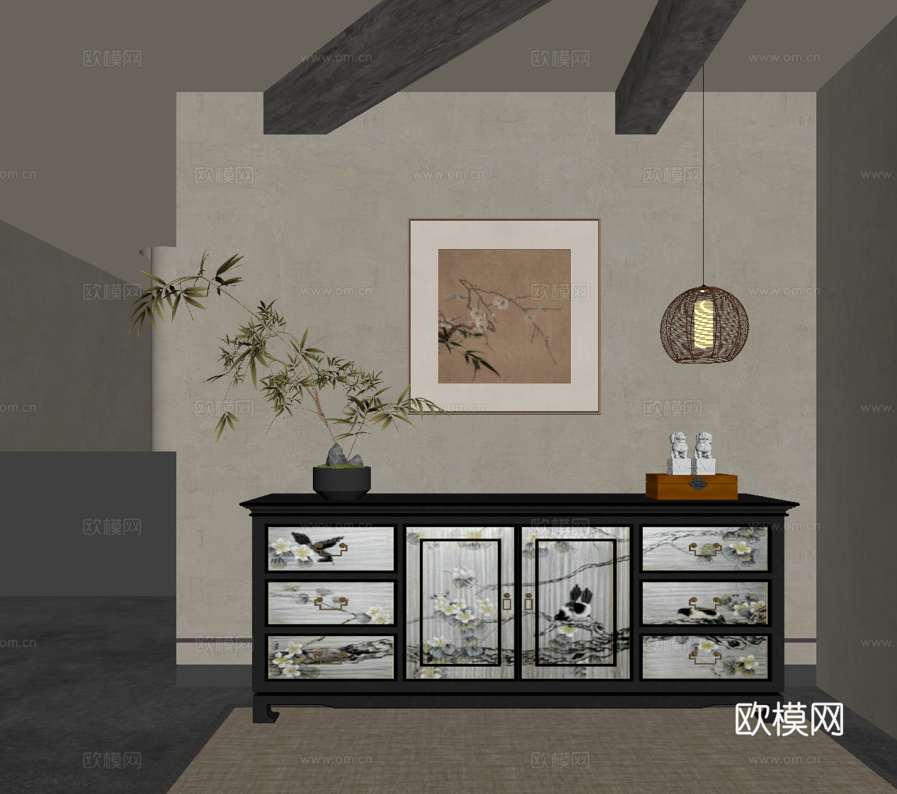 新中式玄关柜 边柜 端景条案su模型