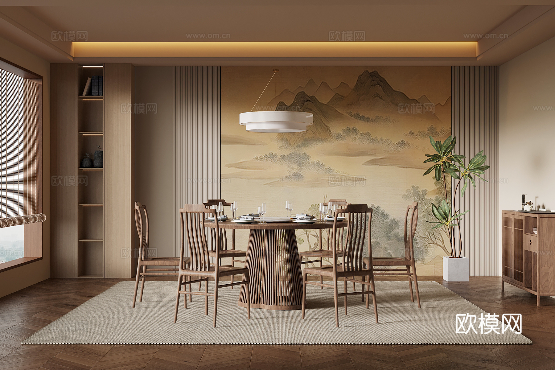 新中式包间 圆桌椅3d模型下载