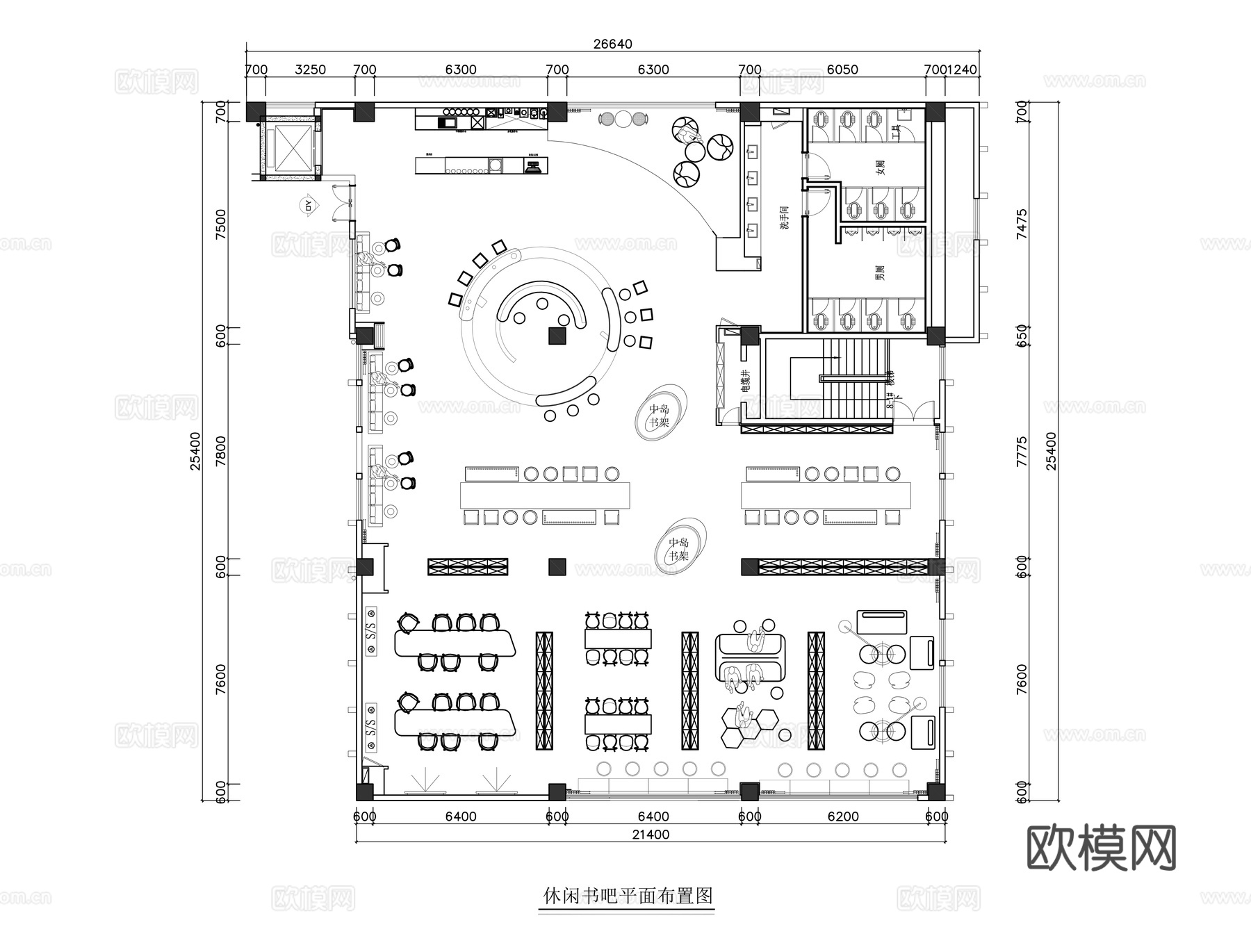 休闲书吧平面布置图cad施工图