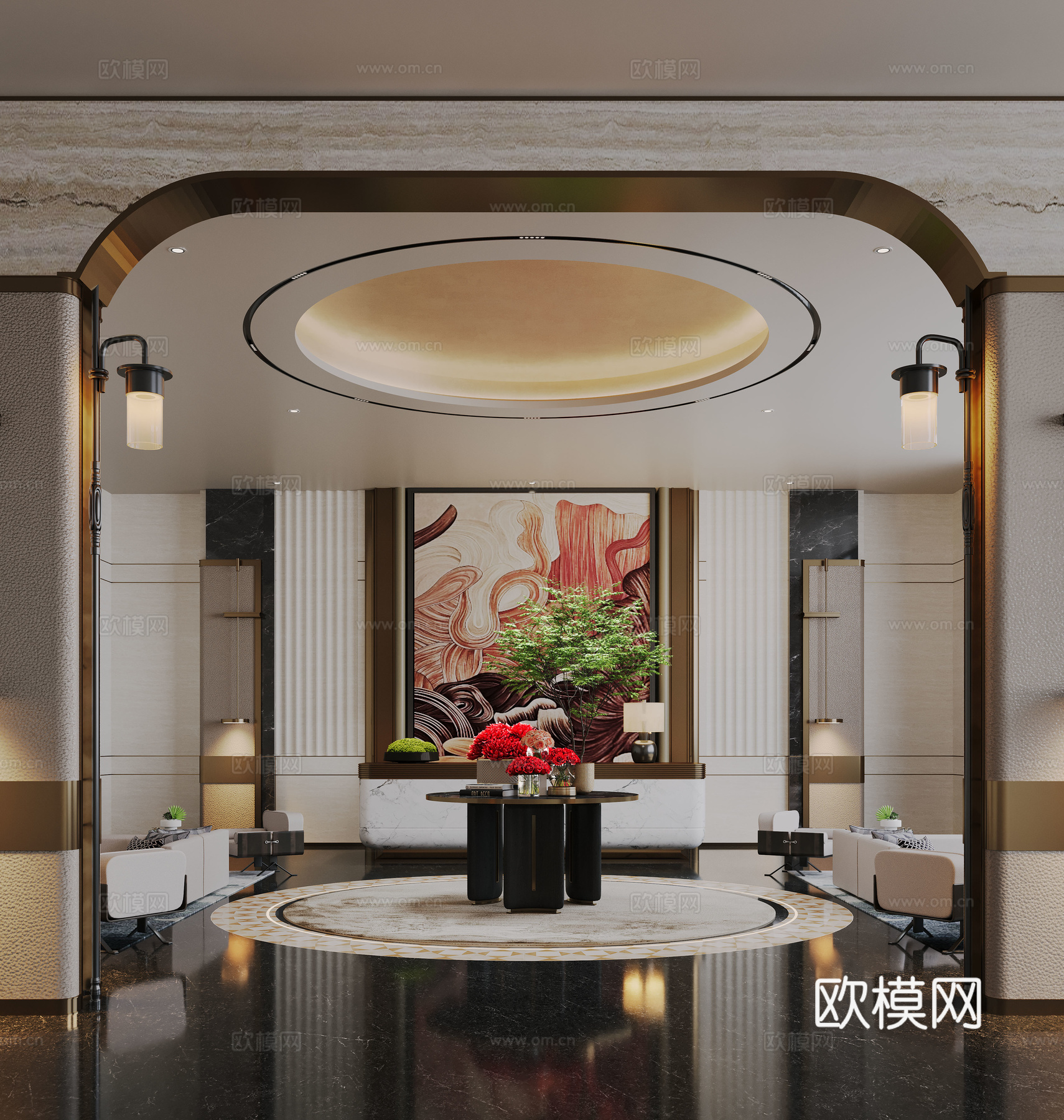 现代酒店大堂 花艺摆台 酒店前台3d模型下载