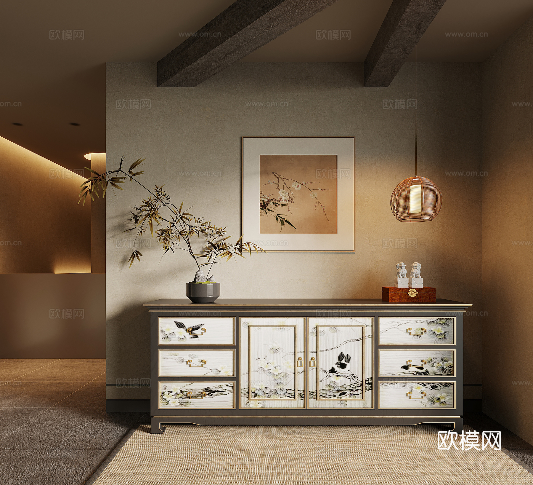 新中式玄关柜 边柜 端景条案su模型
