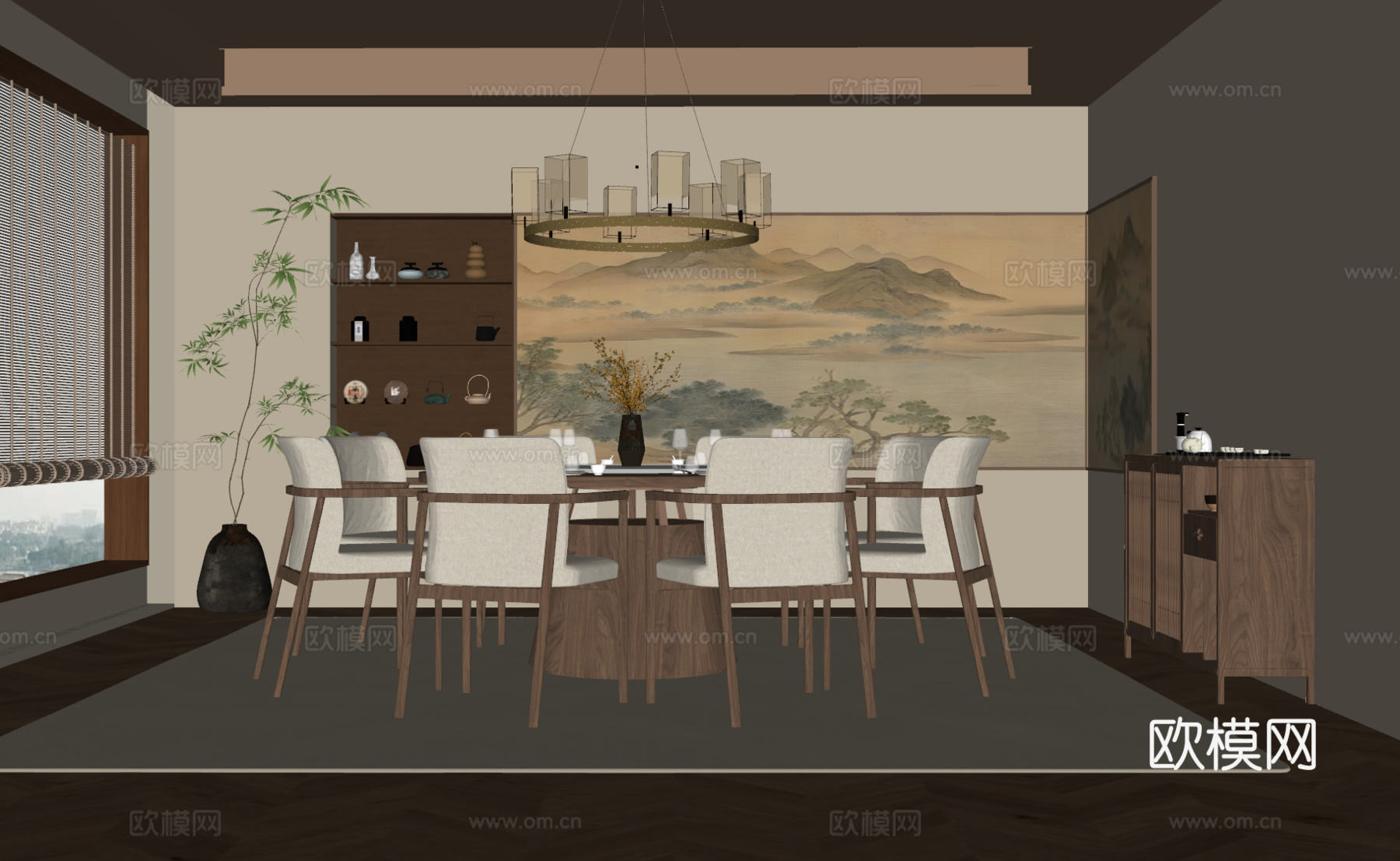 新中式包间 圆桌椅su模型