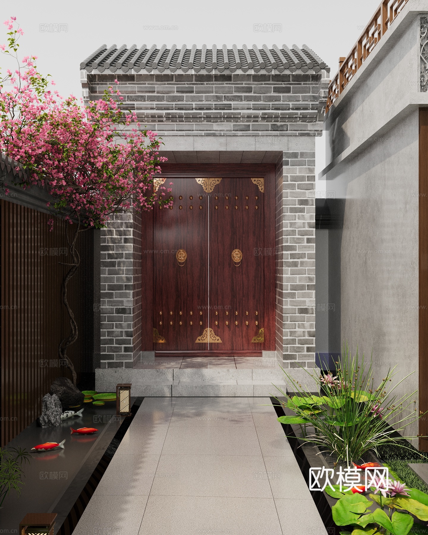 中式 新中式庭院景观 中式庭院大门 双开门 鱼池荷花水景 爬3d模型下载
