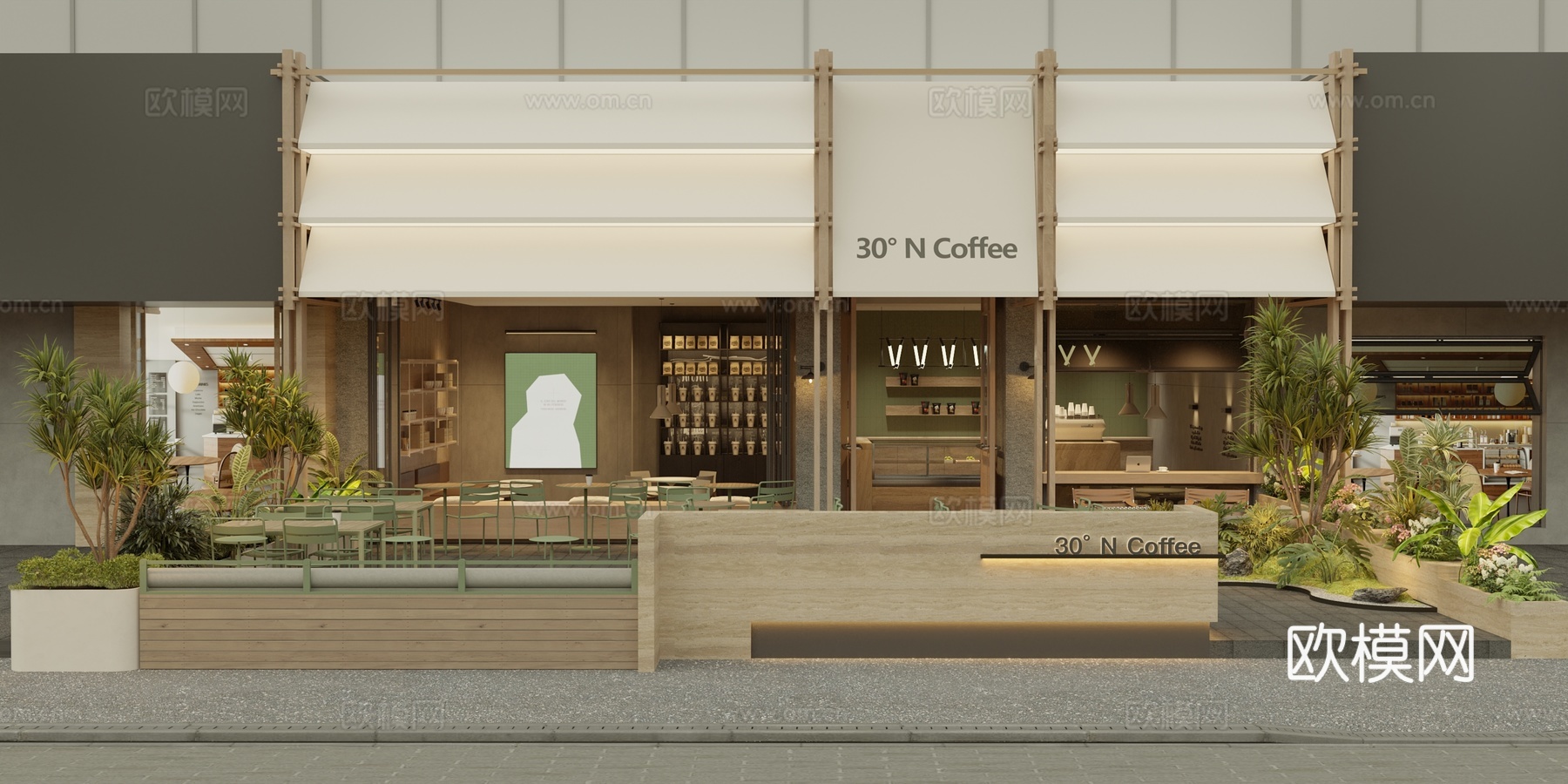 现代咖啡厅茶餐饮门头外观 餐饮店外摆su模型