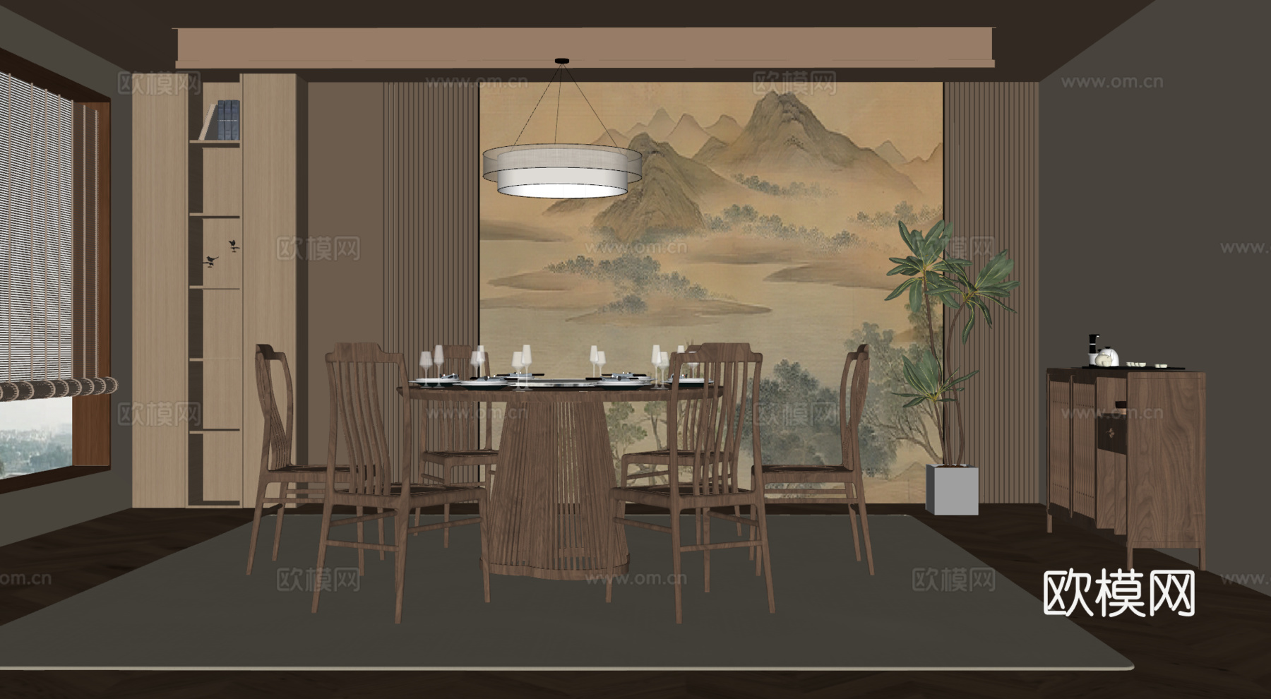 新中式包间 圆桌椅su模型