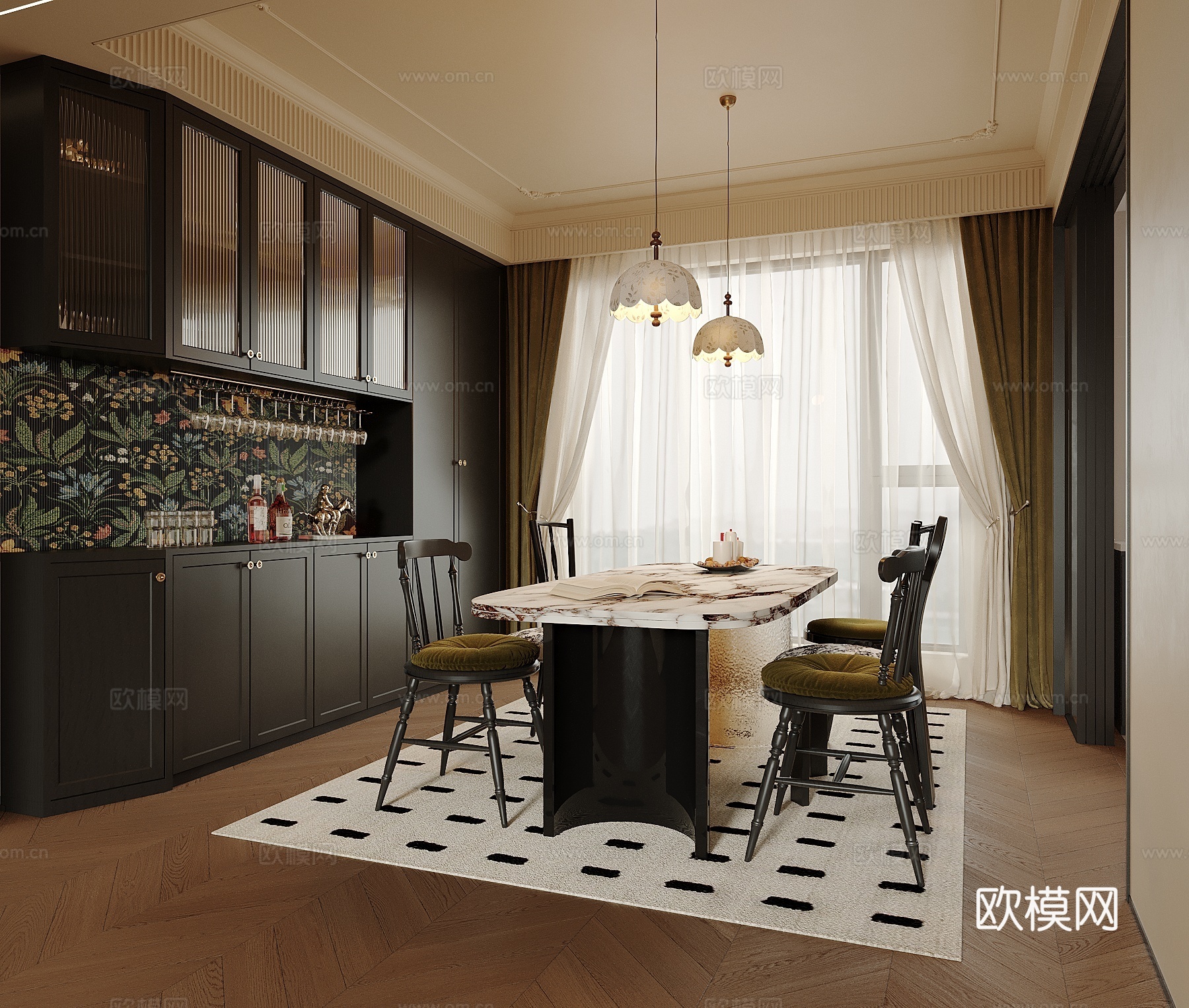 法式餐厅 酒柜 餐桌椅3d模型下载