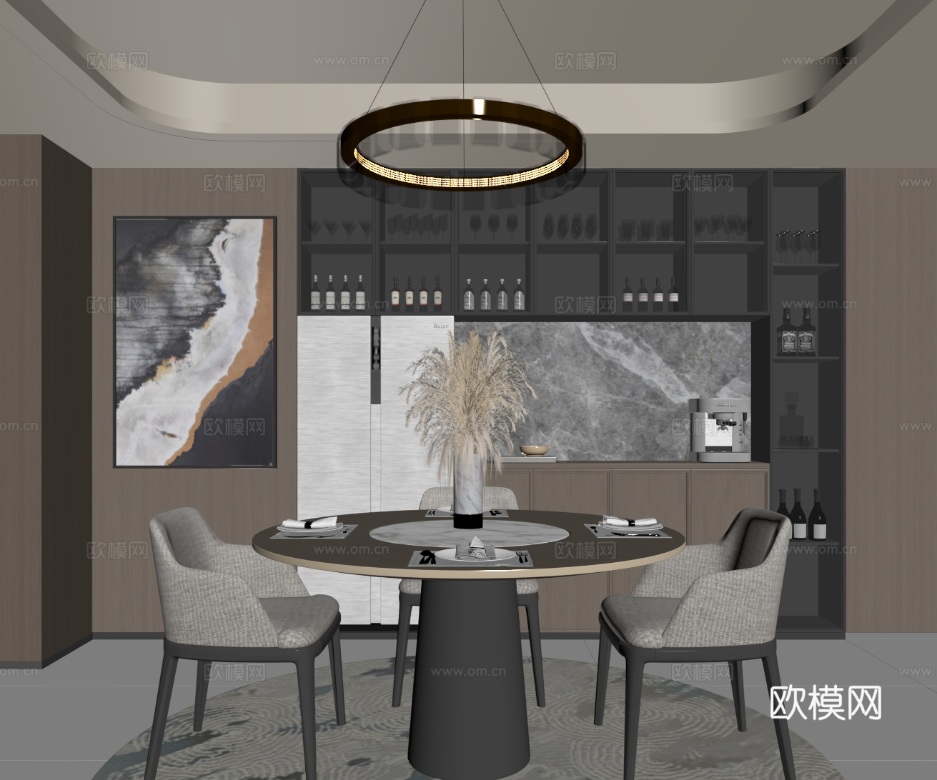 现代轻奢餐厅 圆餐桌椅组合 玻璃酒柜su模型